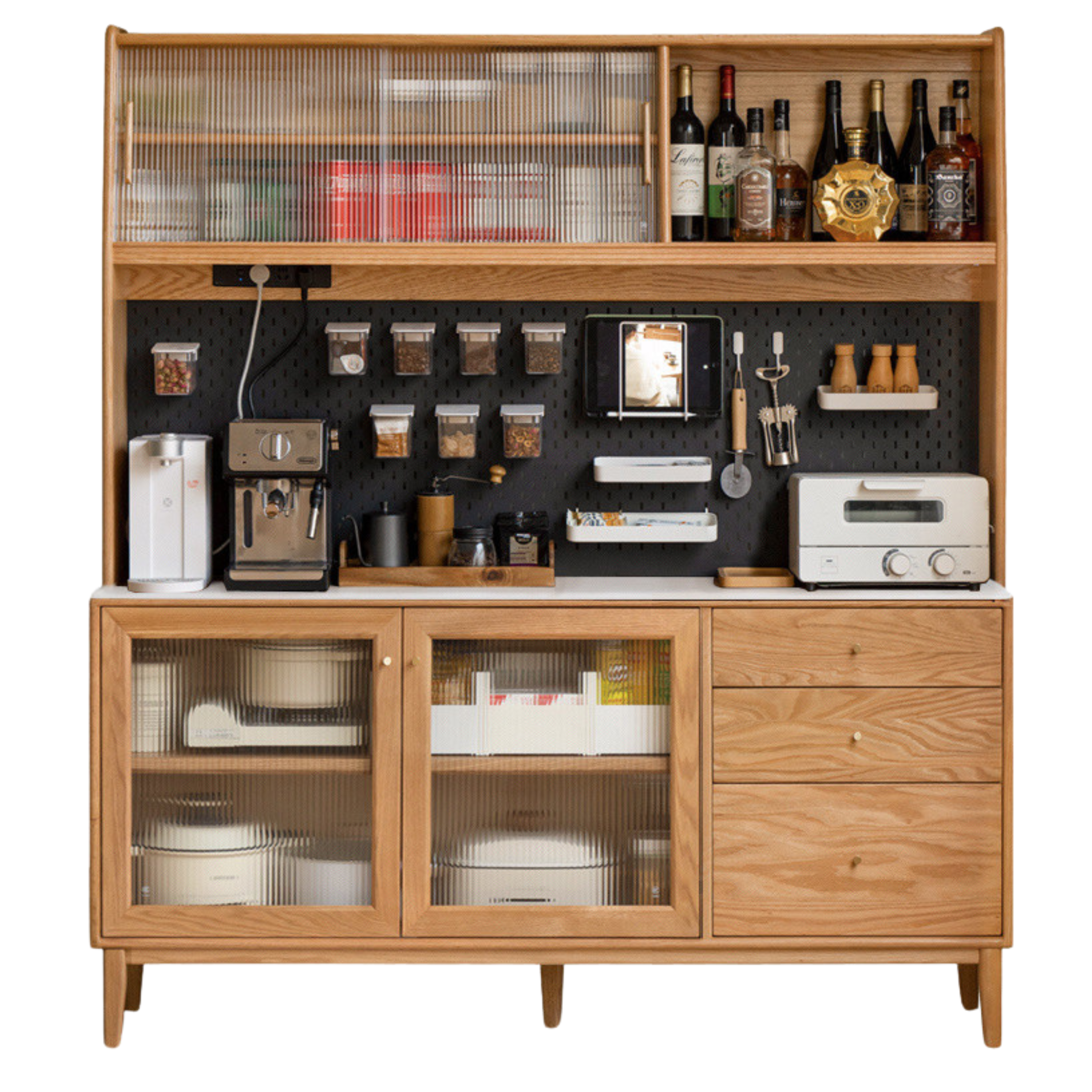 Oak Solid Wood, Solid RubberWood Nordic Sideboard Cabinet