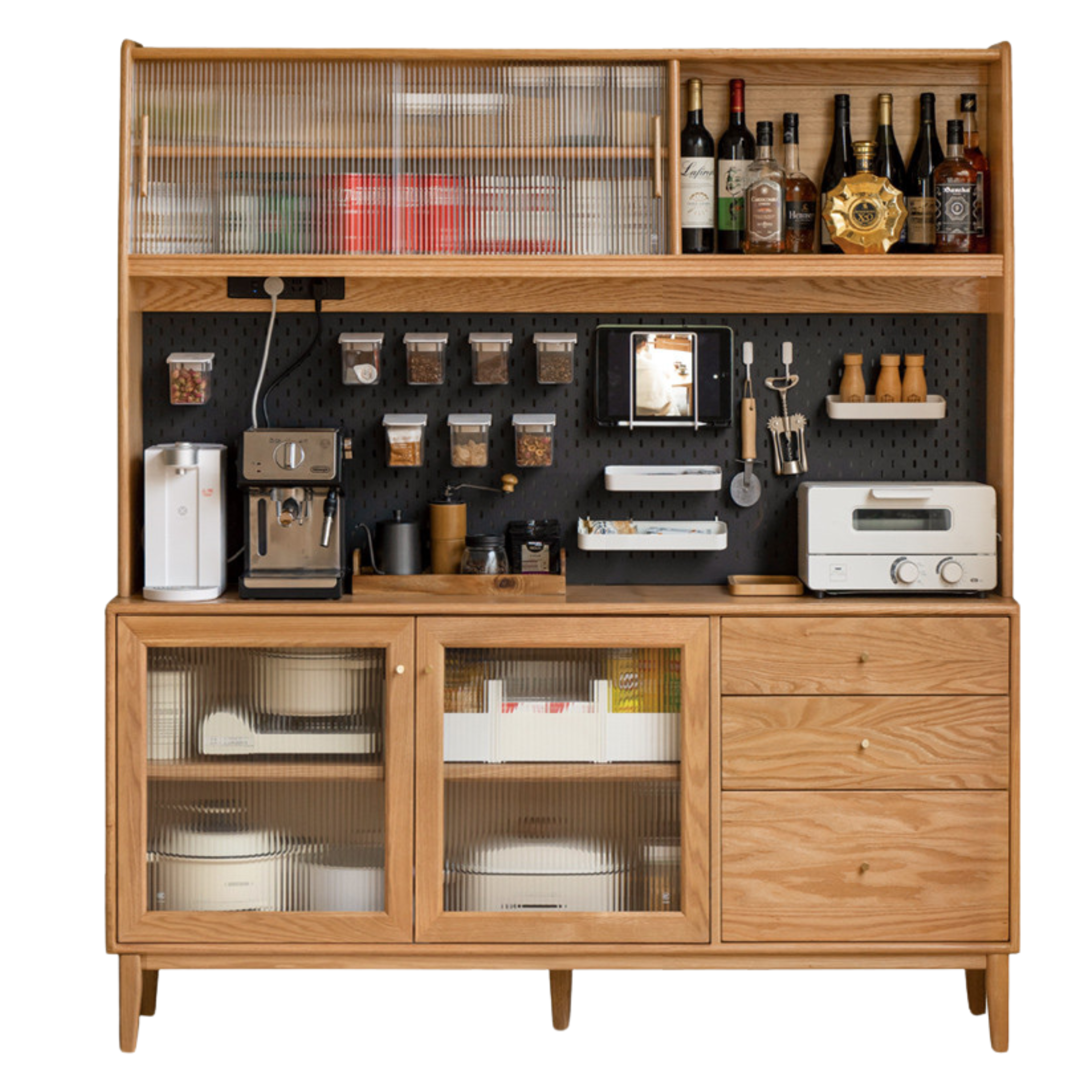 Oak Solid Wood, Solid RubberWood Nordic Sideboard Cabinet