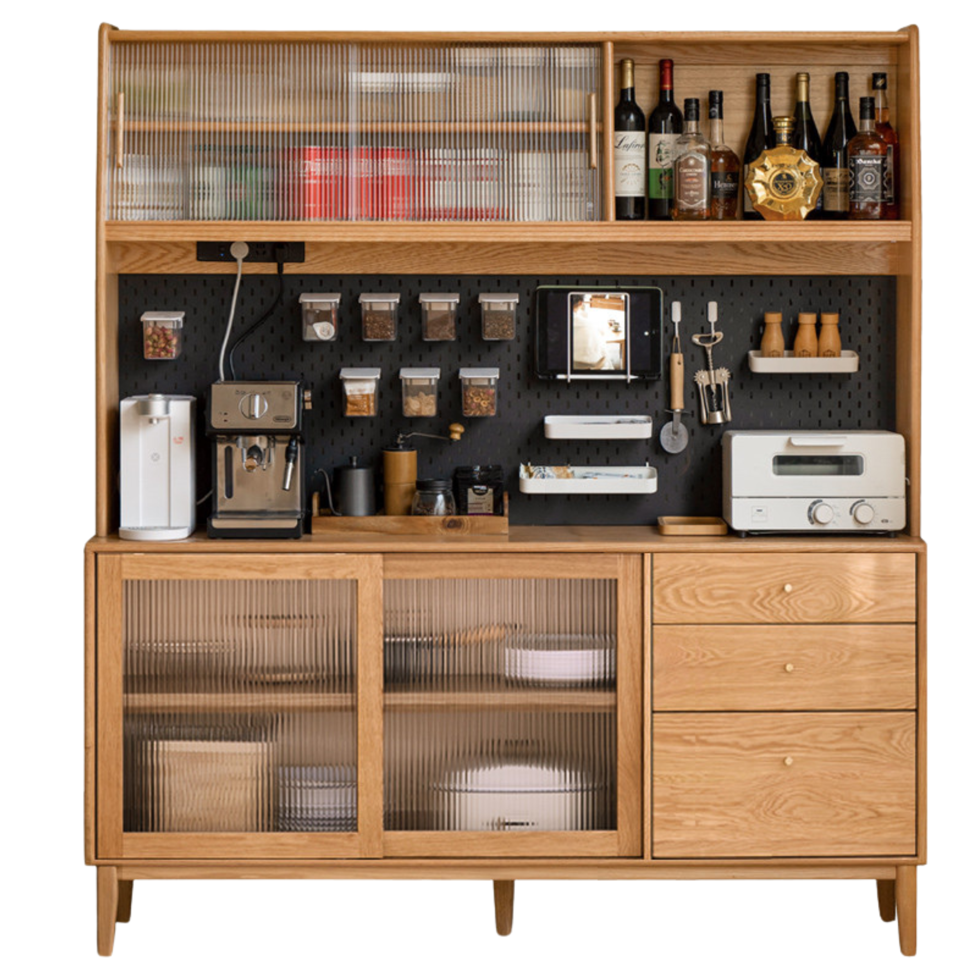 Oak Solid Wood, Solid RubberWood Nordic Sideboard Cabinet