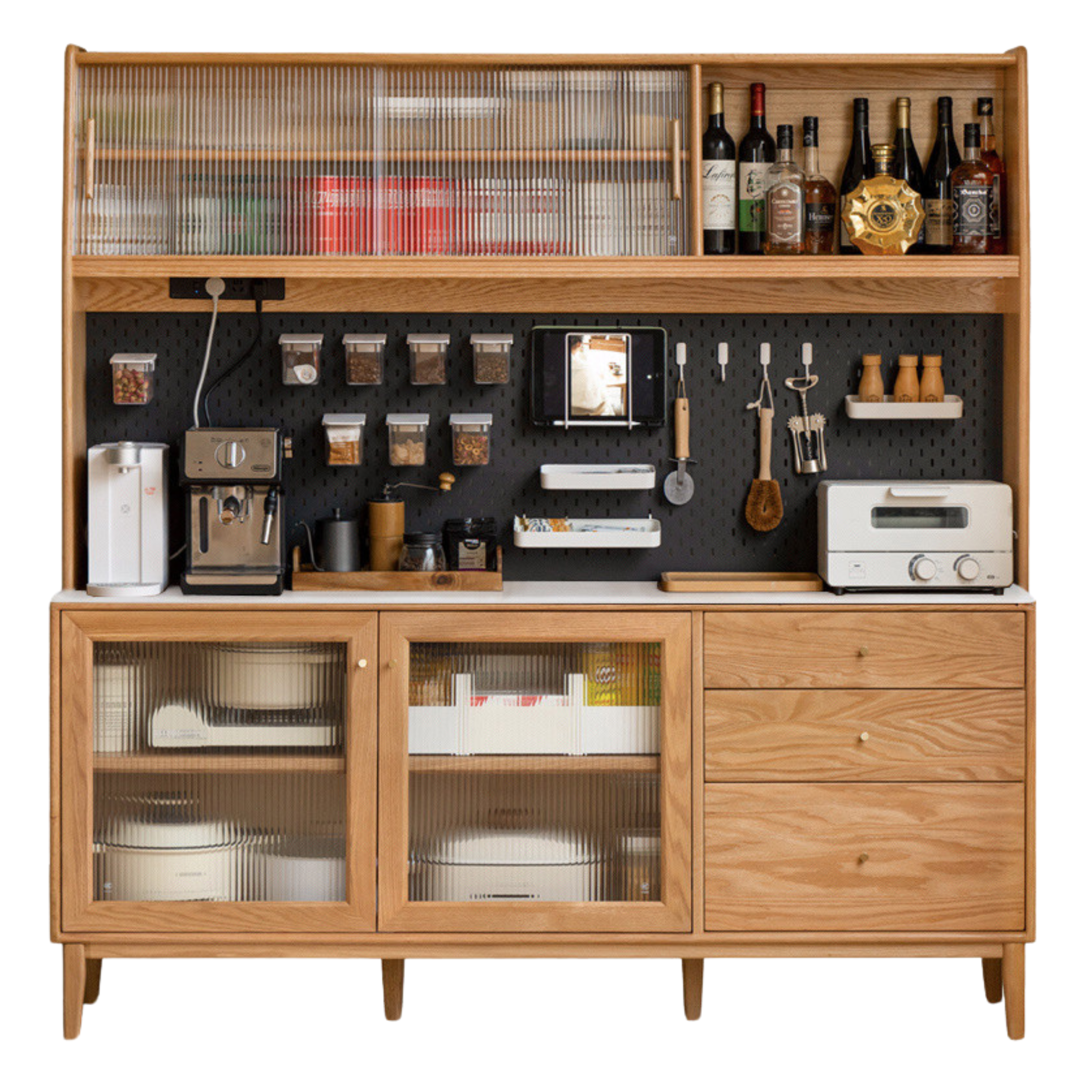 Oak Solid Wood, Solid RubberWood Nordic Sideboard Cabinet