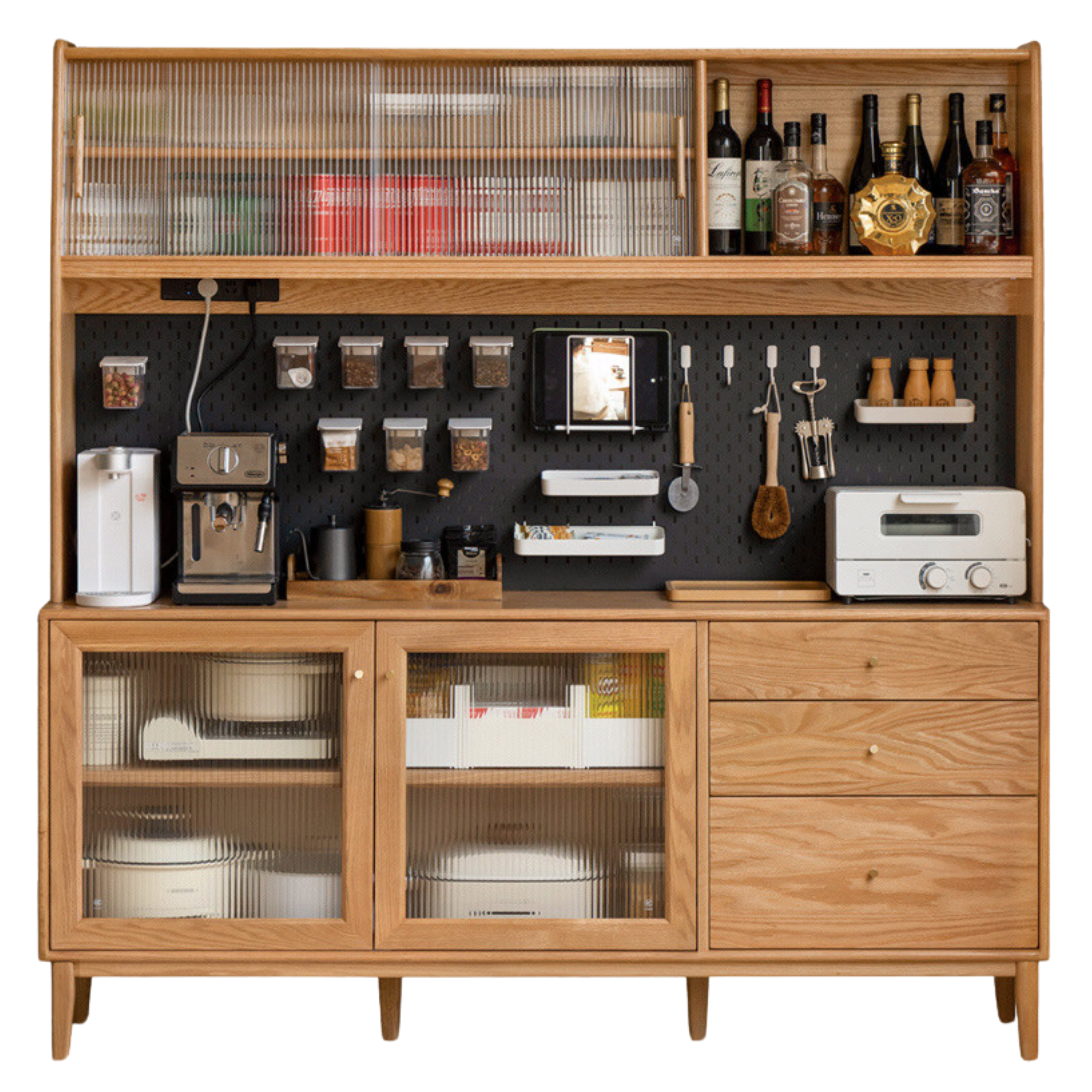 Oak Solid Wood, Solid RubberWood Nordic Sideboard Cabinet