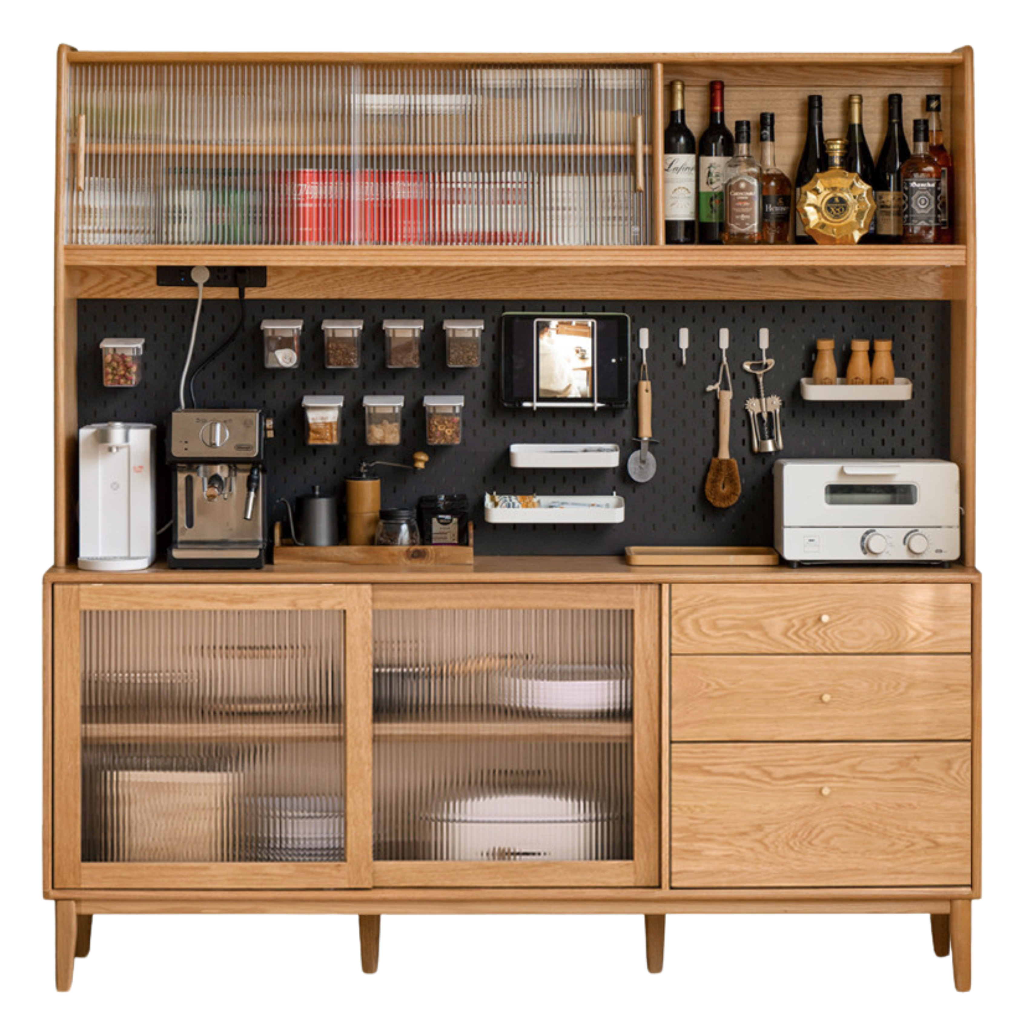 Oak Solid Wood, Solid RubberWood Nordic Sideboard Cabinet