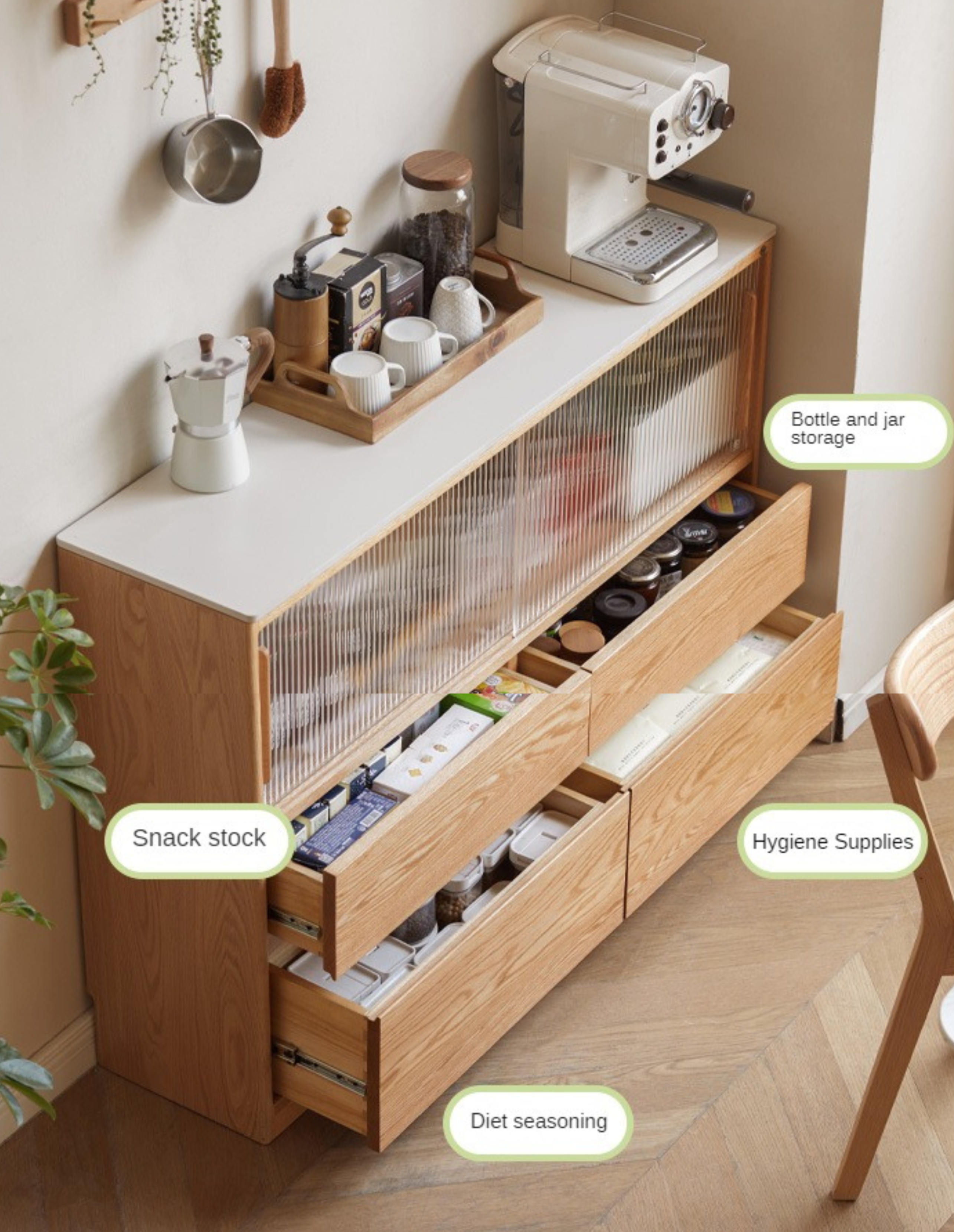 Oak Solid Wood, Solid RubberWood  Slate Ultra-Narrow Sideboard