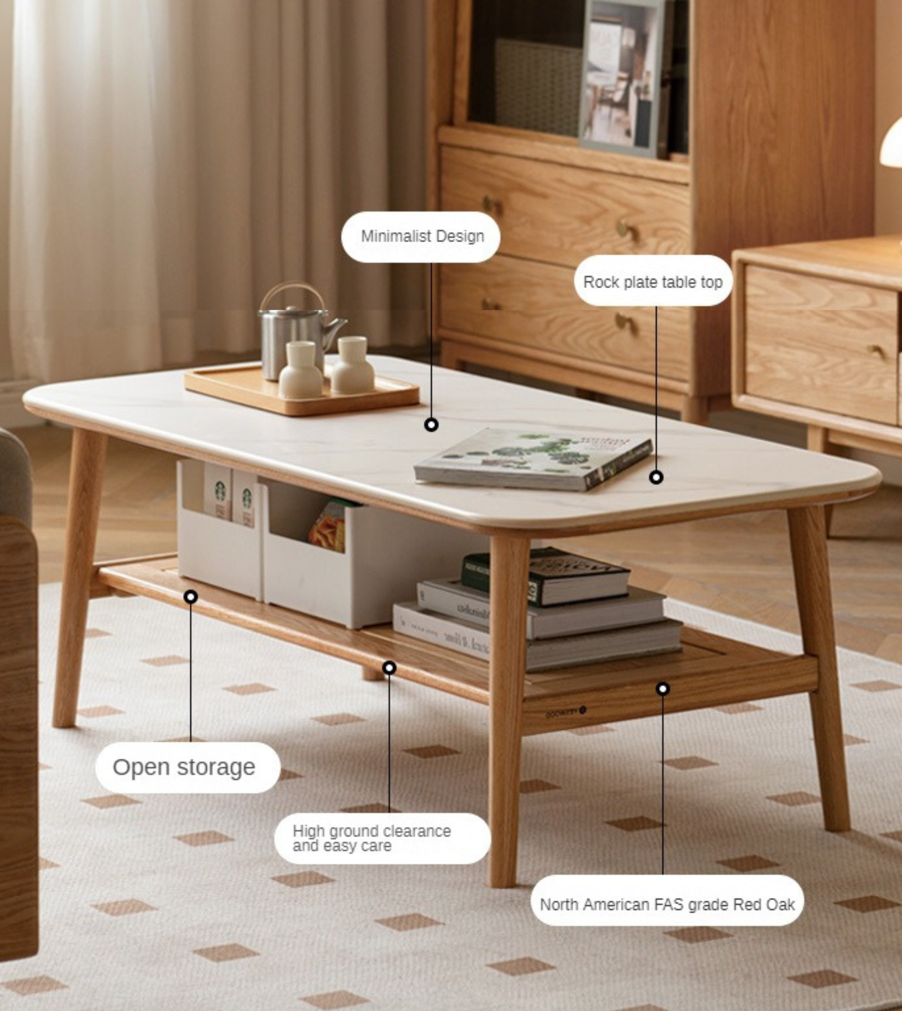 Oak, Beech Solid Wood Slate Coffee Table