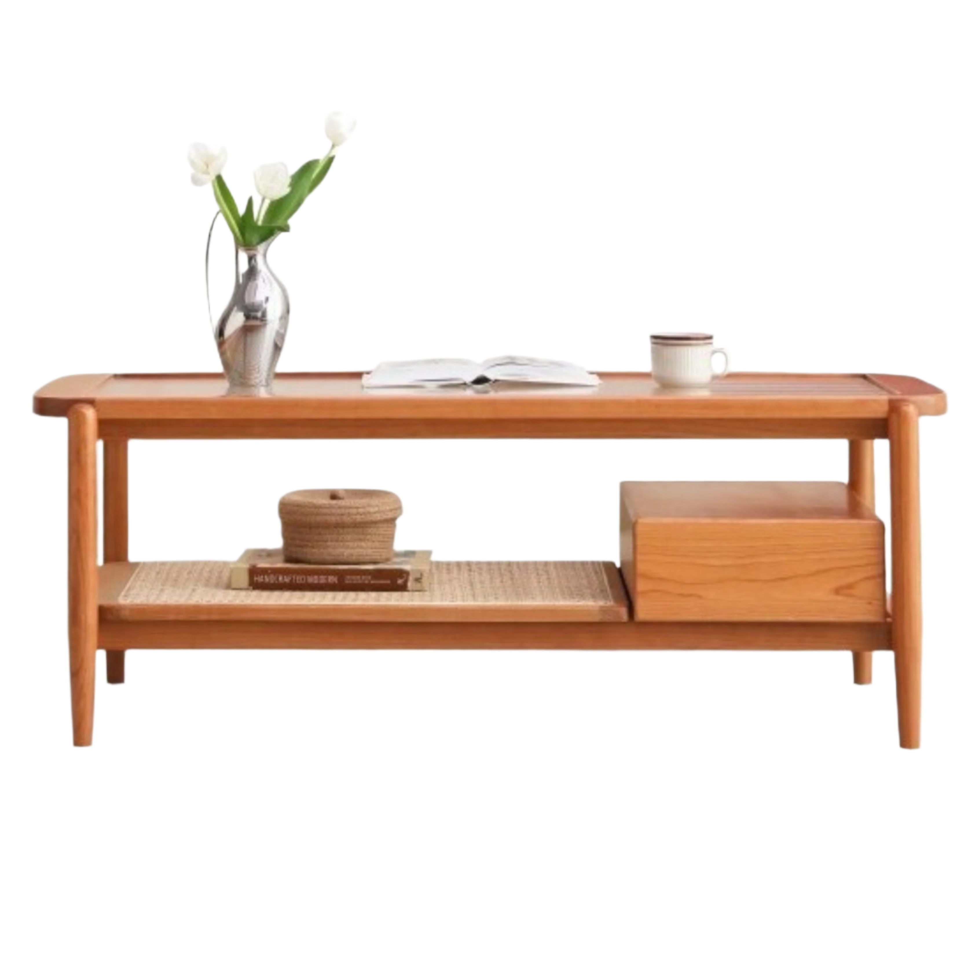 Cherry Solid Wood Coffee Table Glass, Rattan