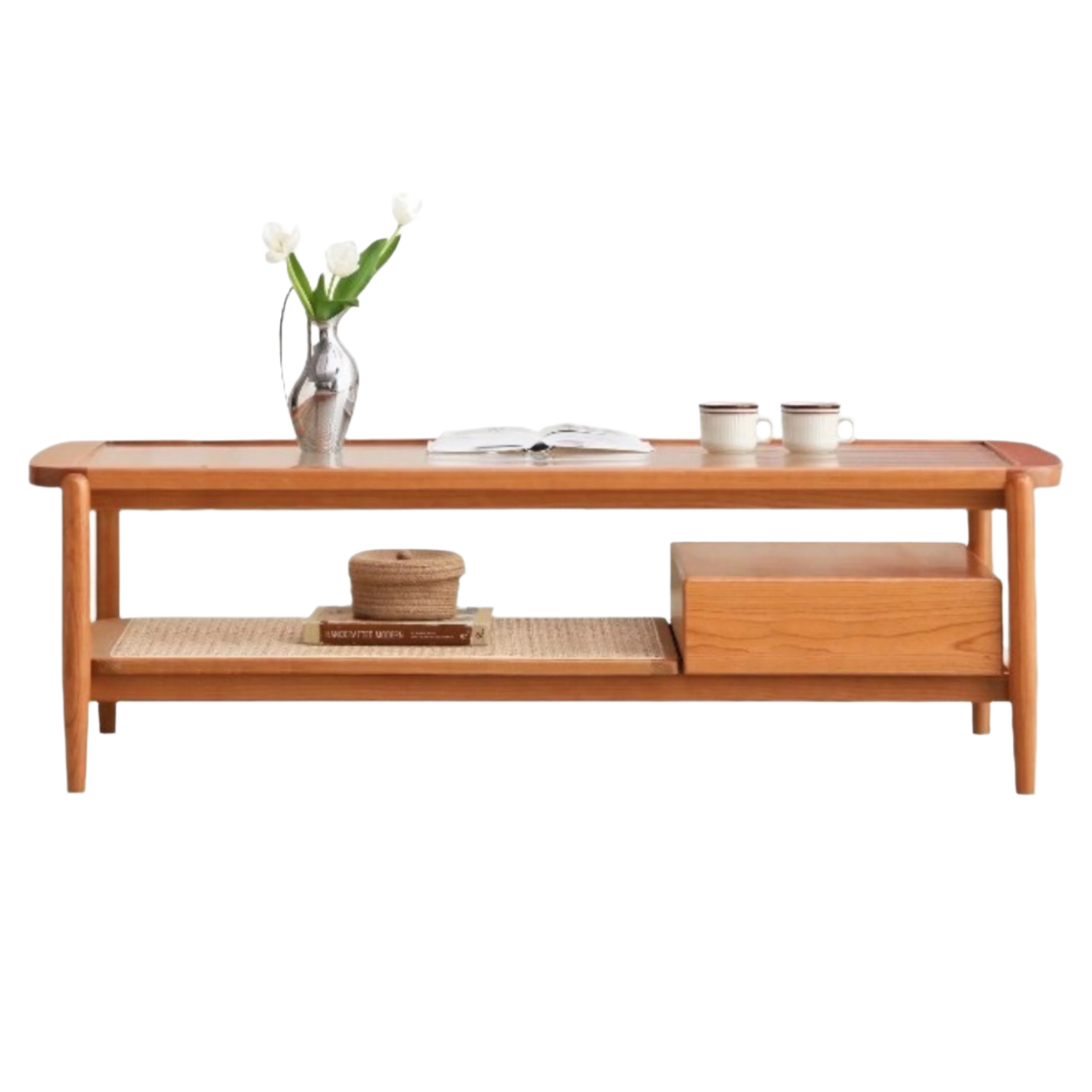Cherry Solid Wood Coffee Table Glass, Rattan