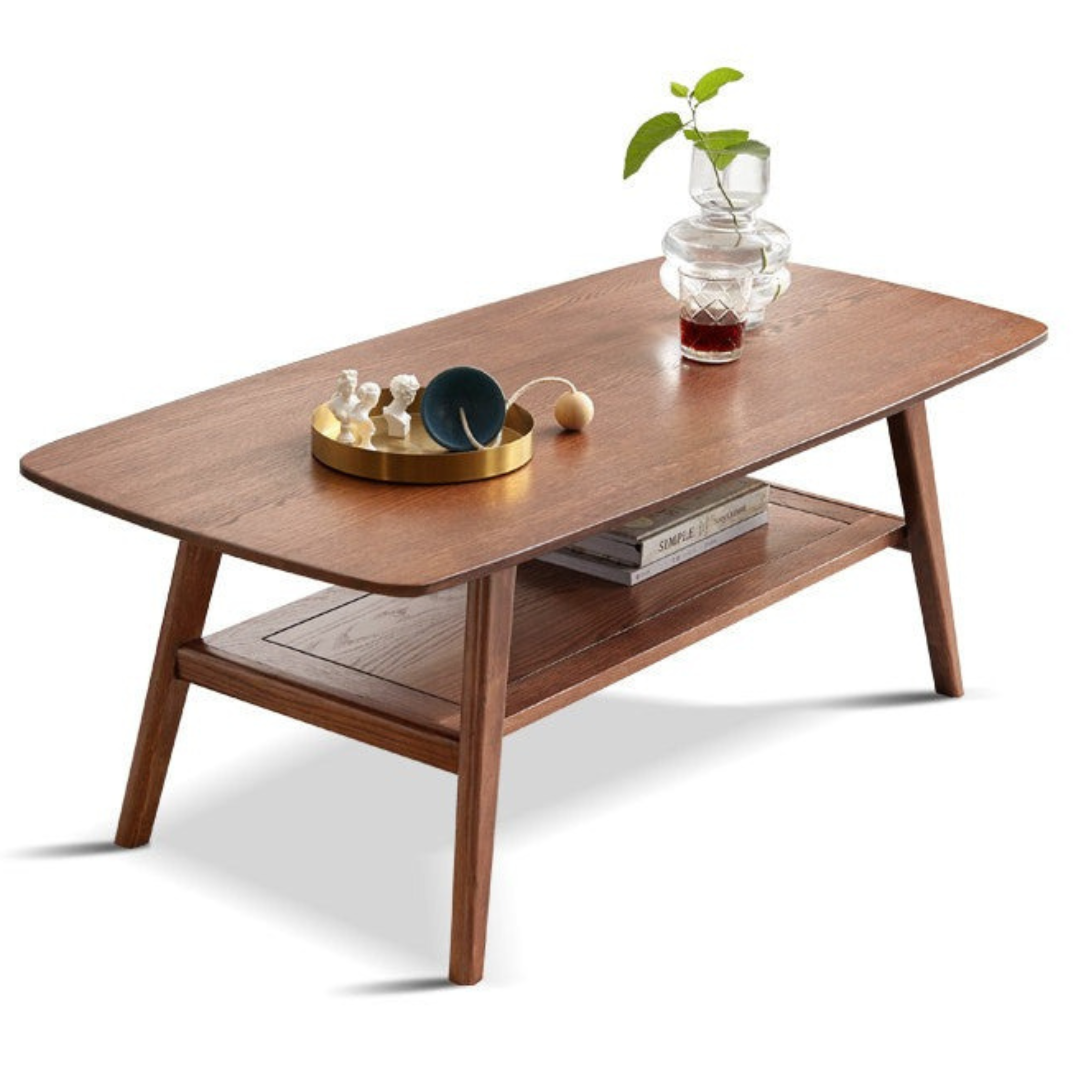 Solid Rubberwood, Beech, Oak Solid Wood Walnut Color Double-Layer Coffee Table