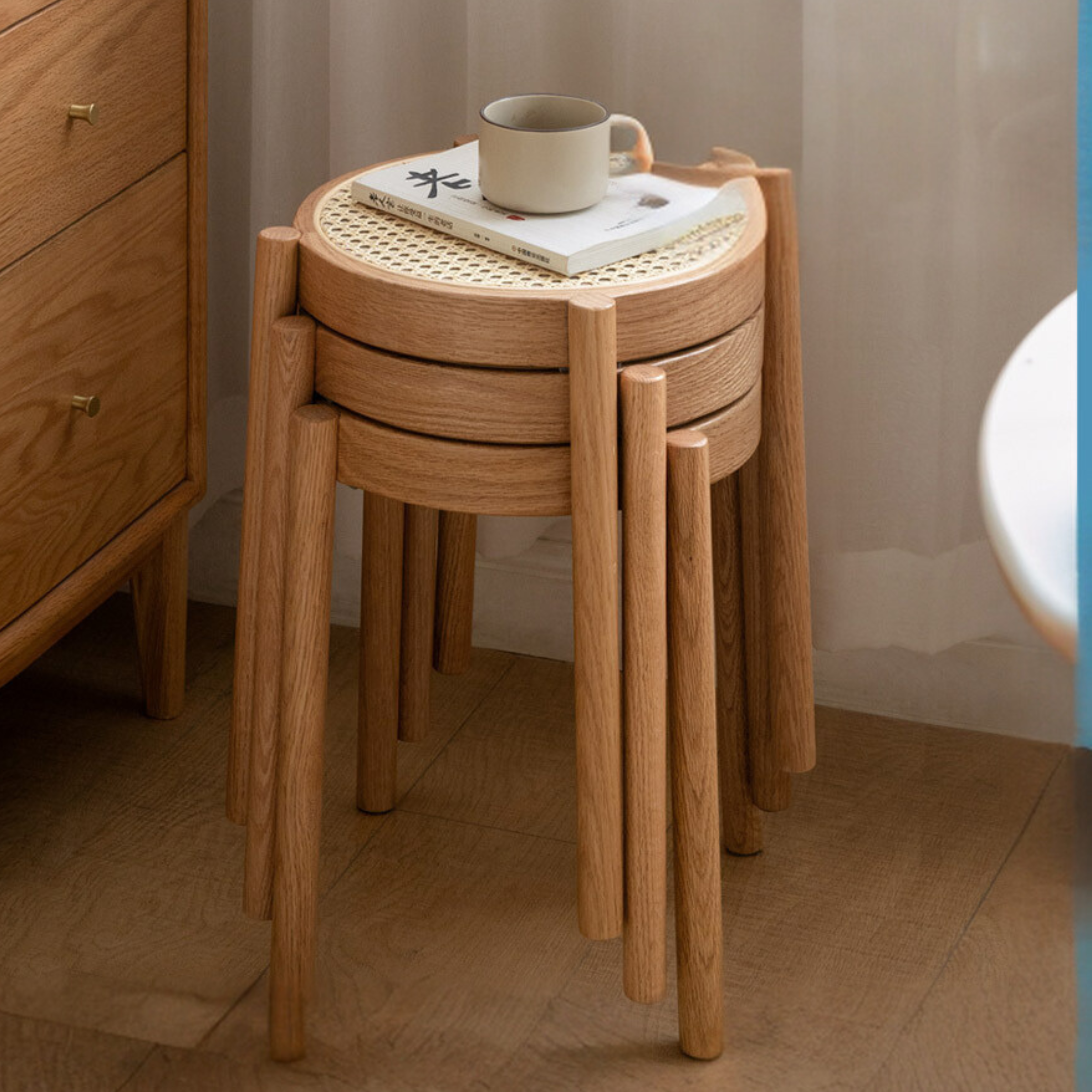 Stool Rattan Oak Solid Wood Can Be Stacked