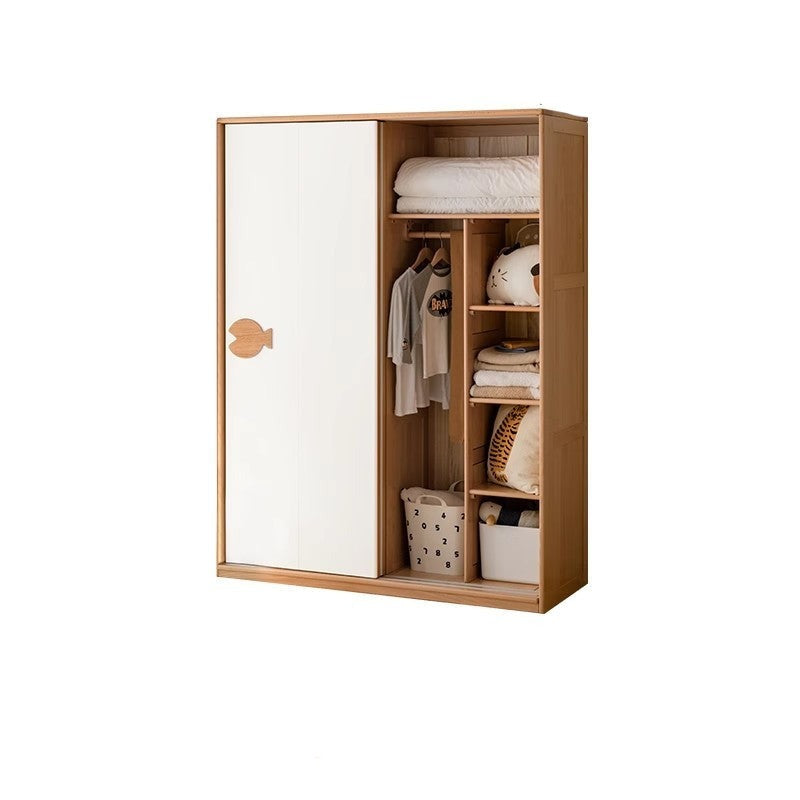Oak Solid Wood Children's Sliding Door Wardrobe Storage Cabinet