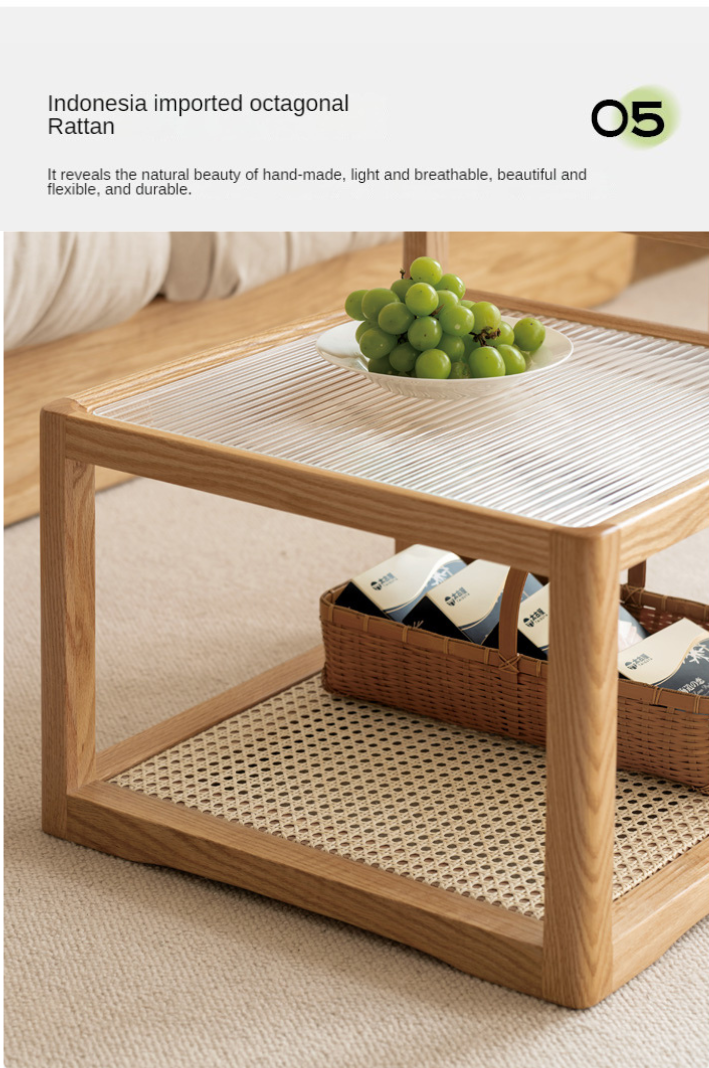 Oak, Beech Solid Wood, Glass Rattan Coffee Table