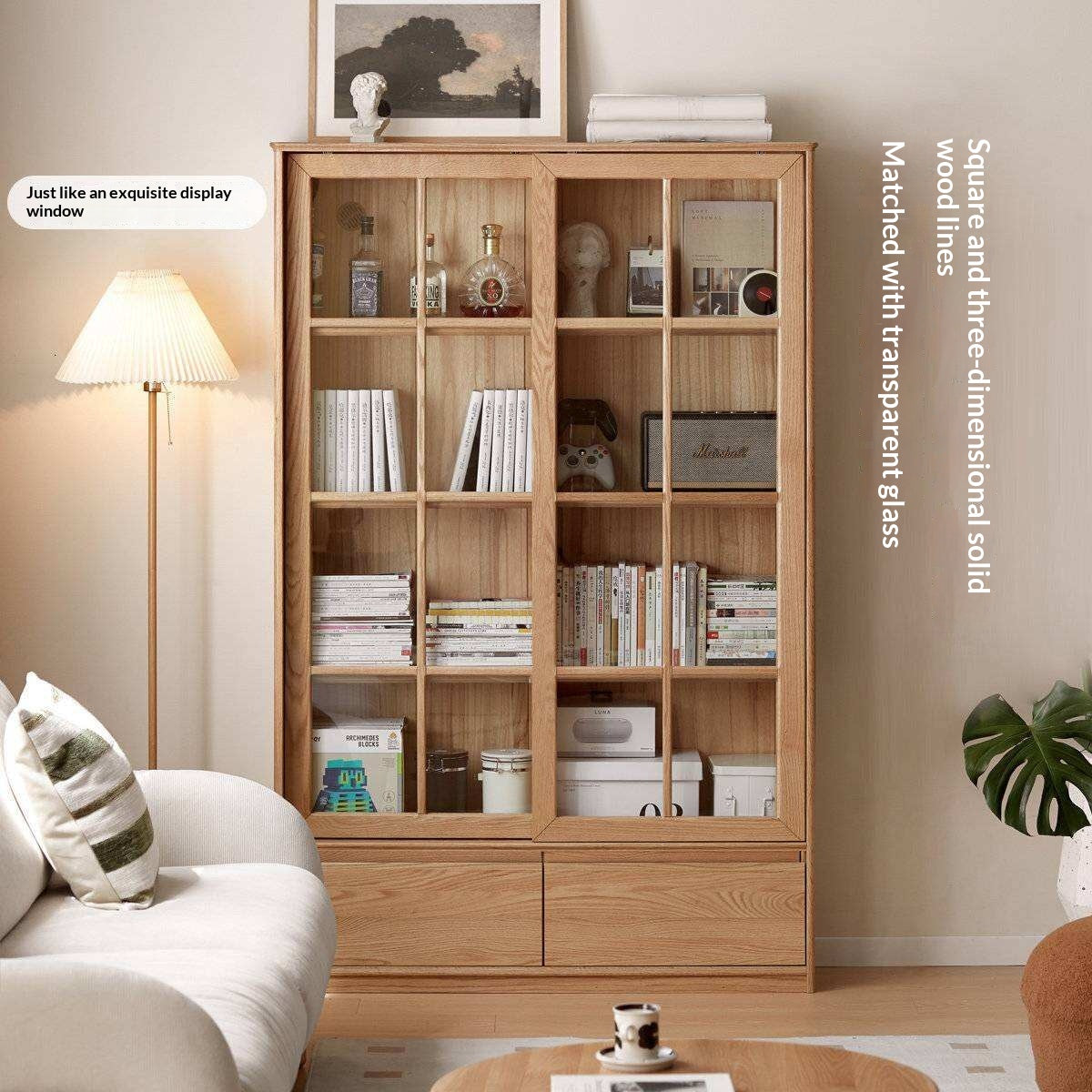Ash Solid Wood Bookcase with Sliding Doors and Floor-to-Wall Glass Display Cabinet