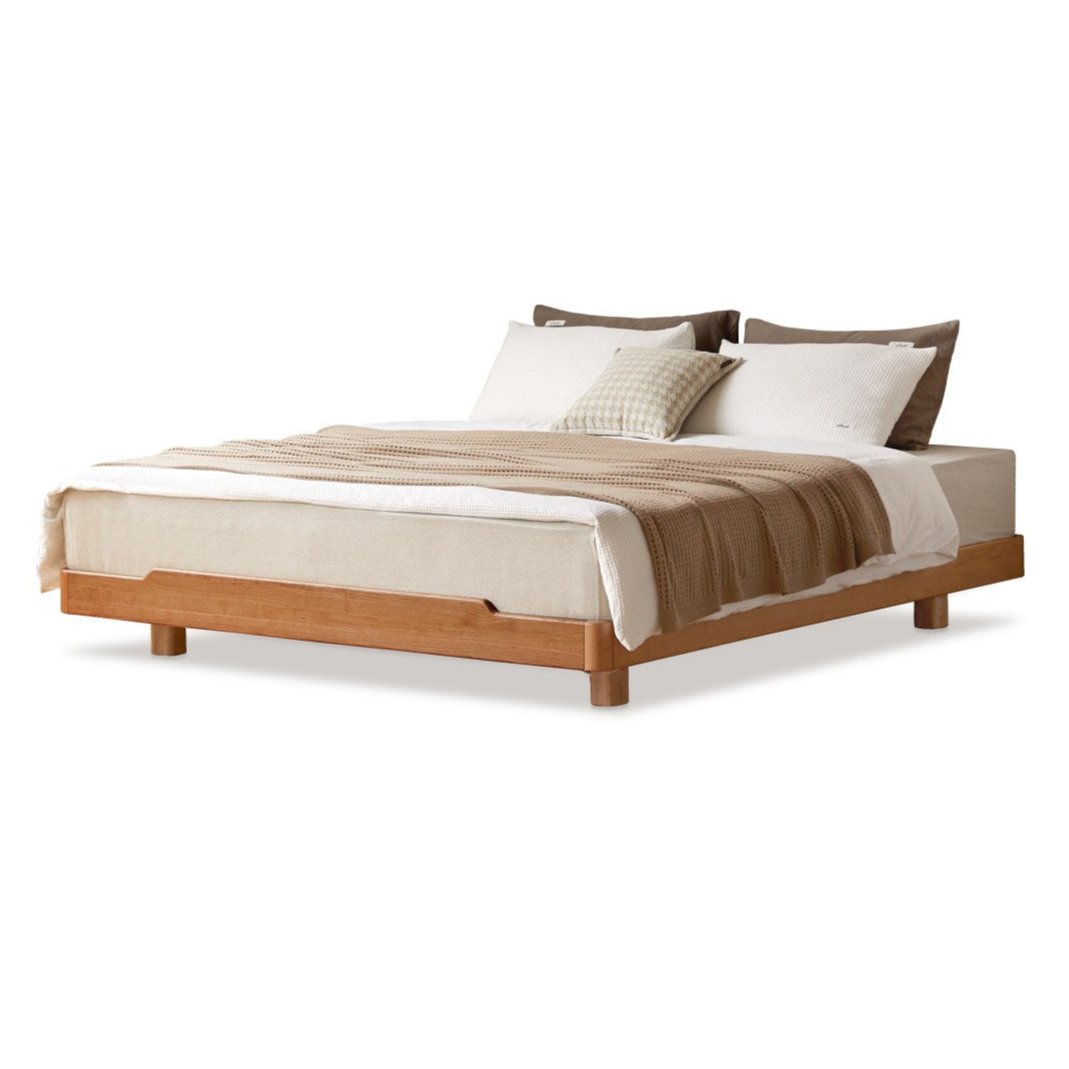 Cherry Wood Solid Wood platform bed, headboard-free bed with Light.
