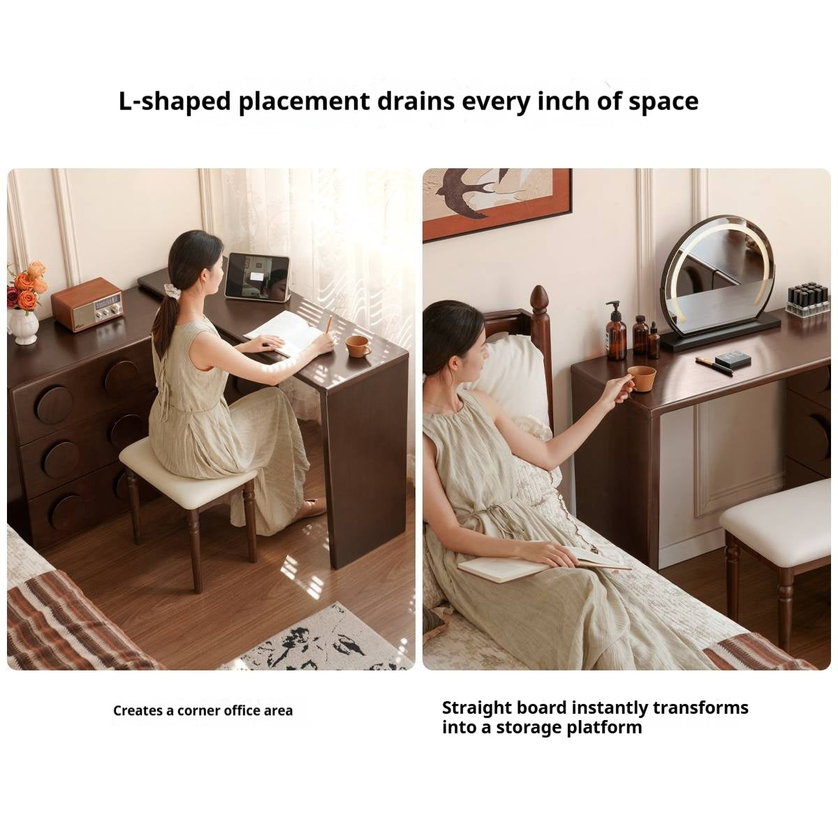 Poplar Solid Wood Retro Medieval Style Rotating Vanity Table.