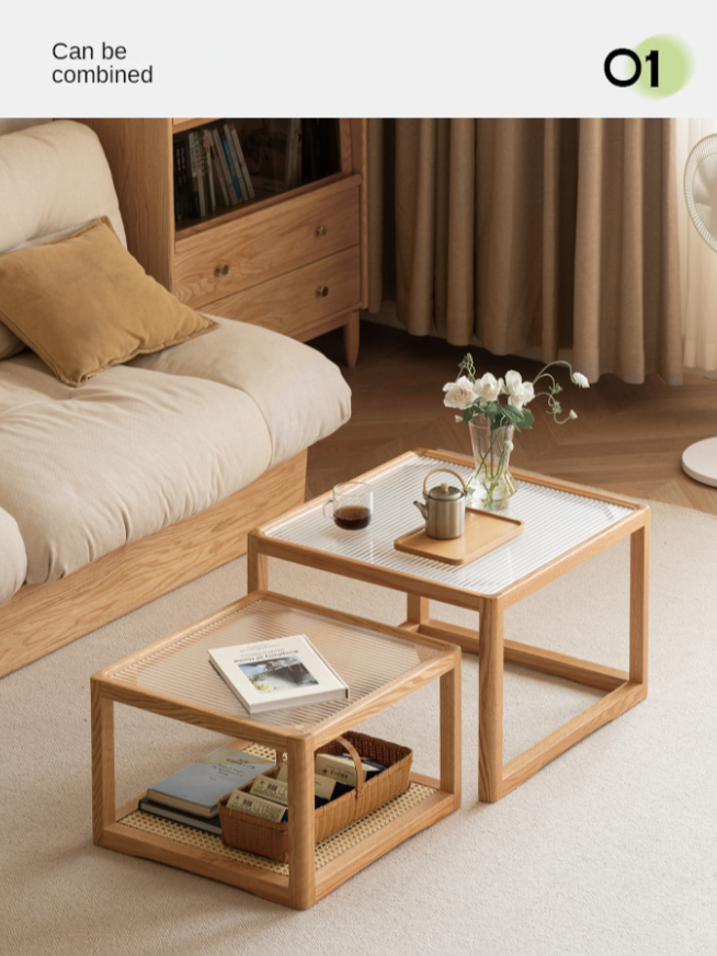 Oak, Beech Solid Wood, Glass Rattan Coffee Table