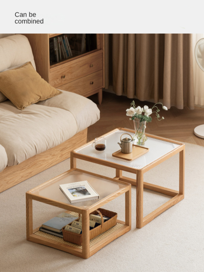 Oak, Beech Solid Wood, Glass Rattan Coffee Table