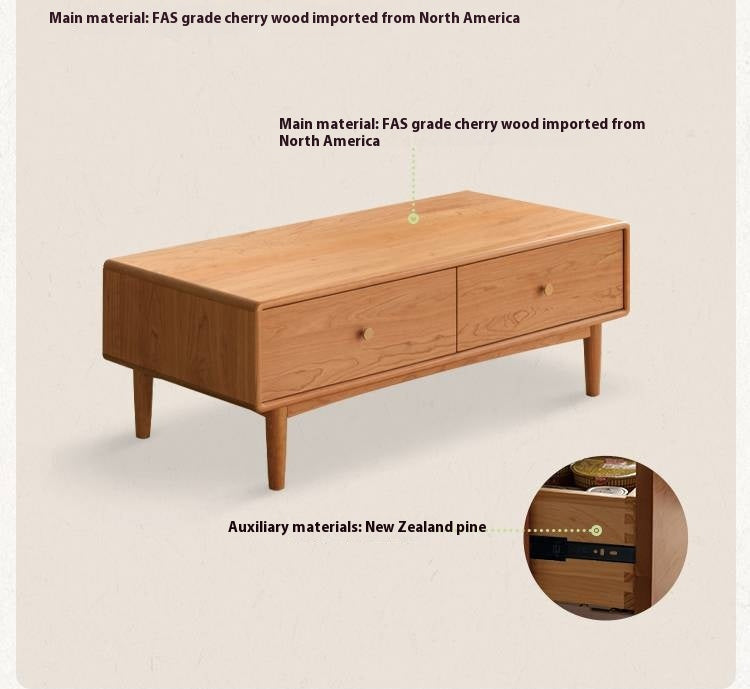 Cherry Solid Wood Storage Coffee Table with Hidden Drawers
