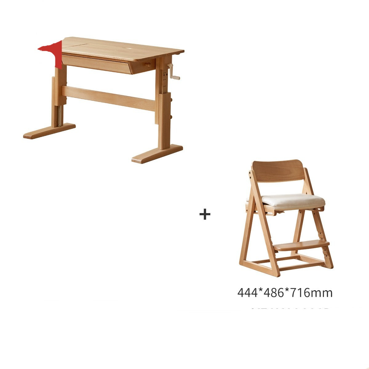 Beech Solid Wood lifting kids table with self/chair/high shelf"