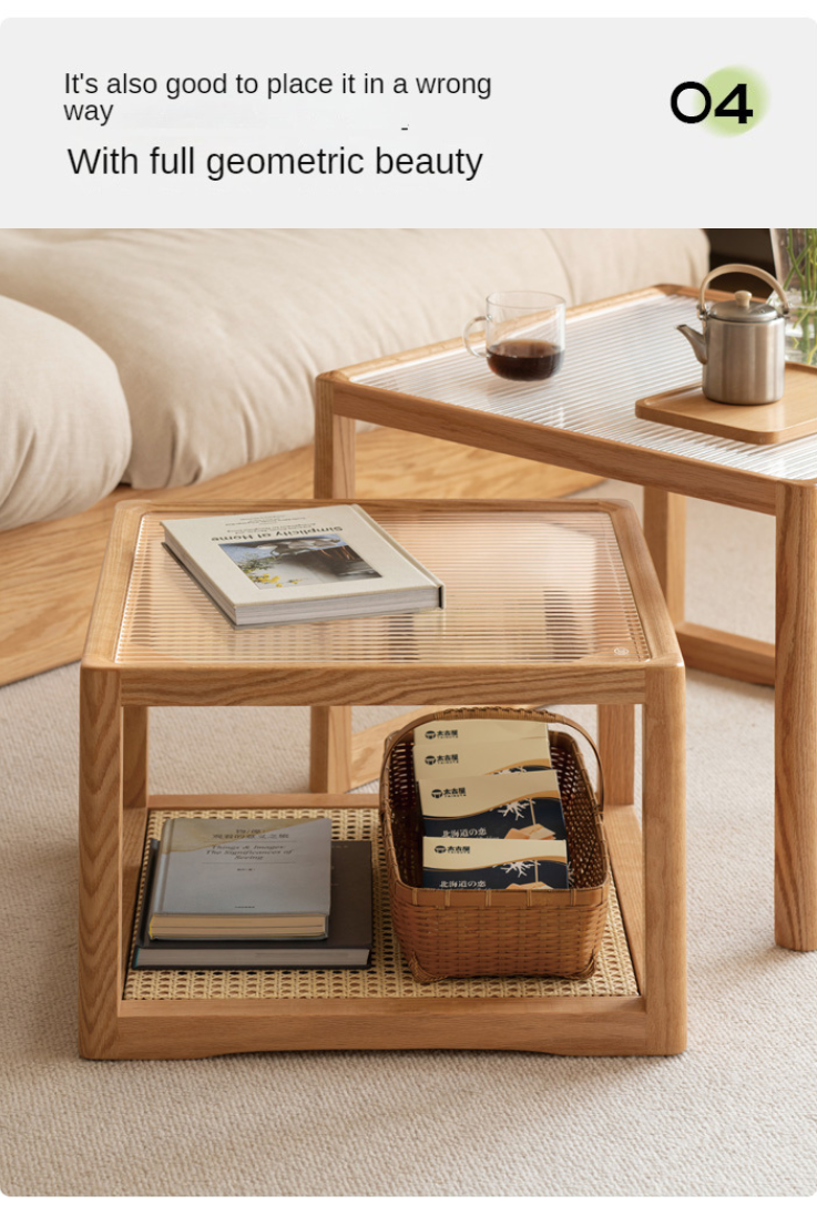 Oak, Beech Solid Wood, Glass Rattan Coffee Table