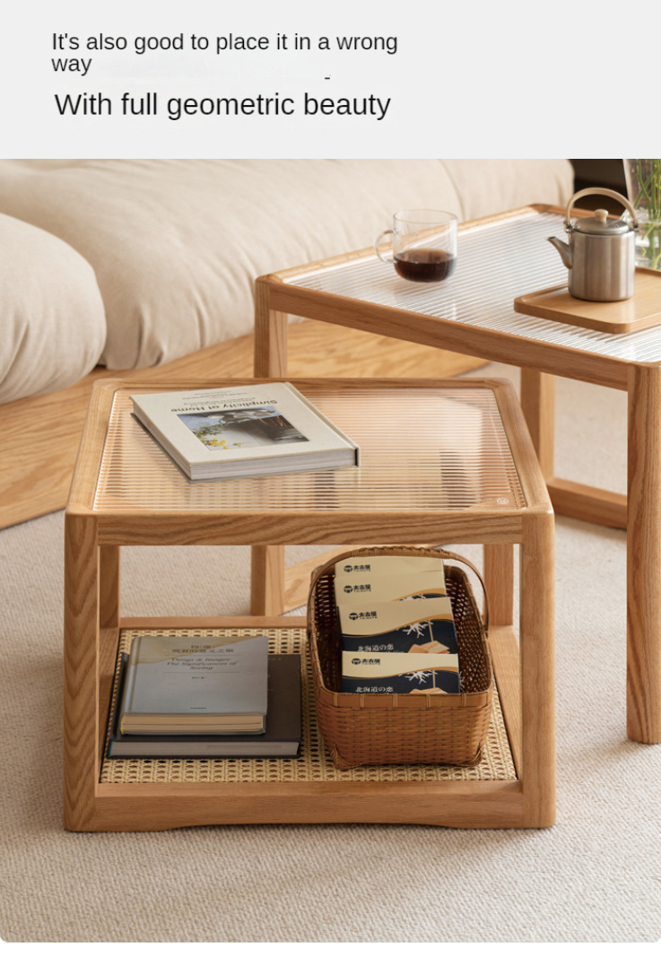 Oak, Beech Solid Wood, Glass Rattan Coffee Table