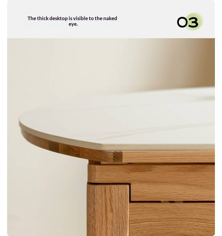 Oak, Solid Rubberwood Round Folding Dining Table With Rock Slab Surface