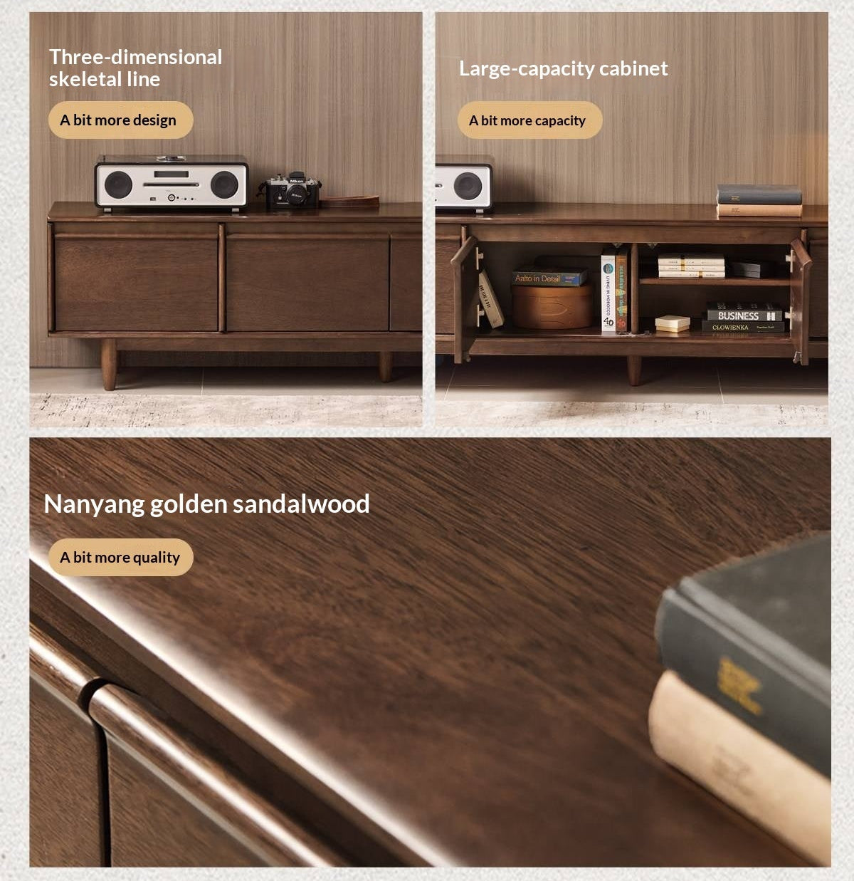 Sandalwood Solid Wood Italian Minimalist TV Console with Tapered Legs