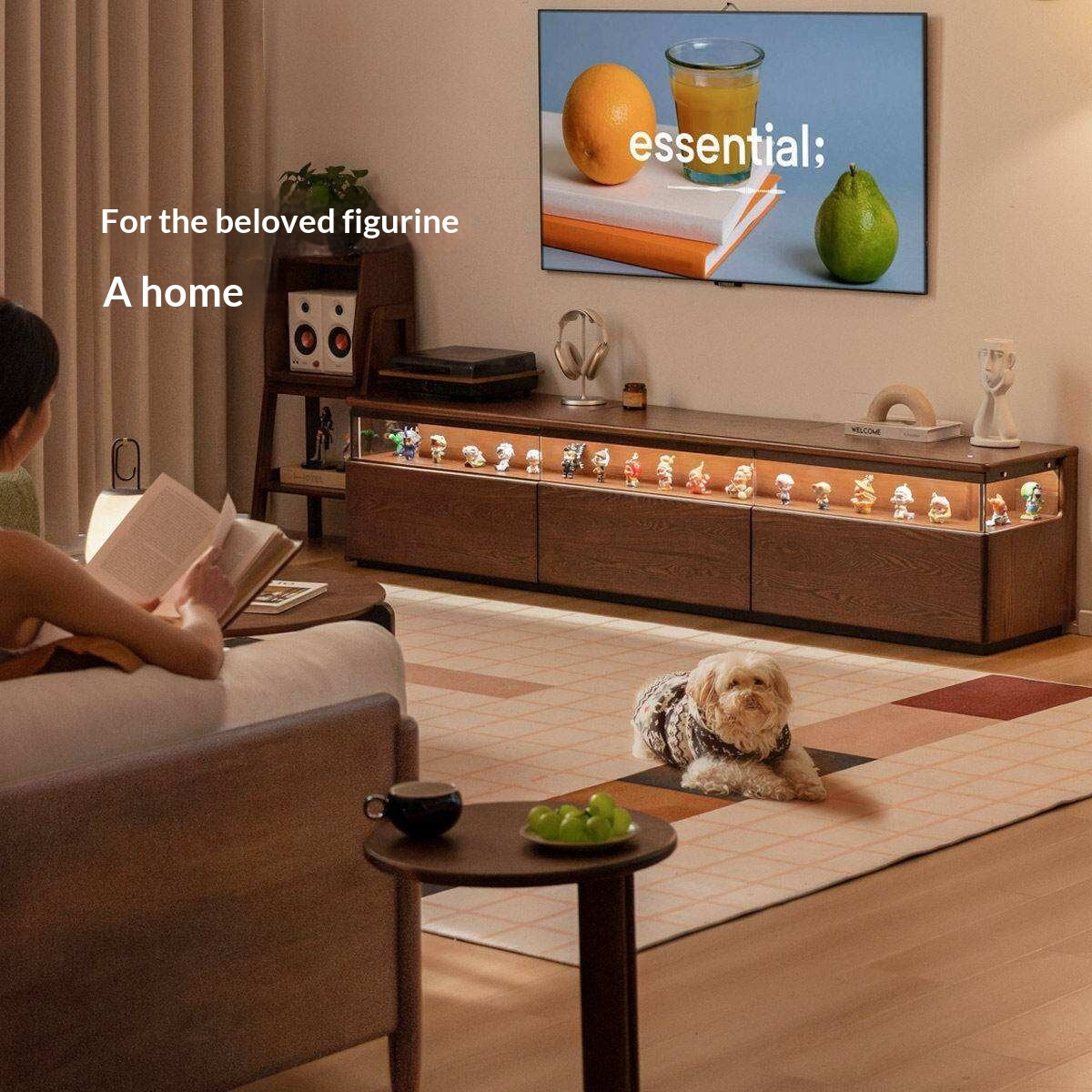 Ash Solid Wood TV Cabinet with Floor-Standing Storage and Display Shelves