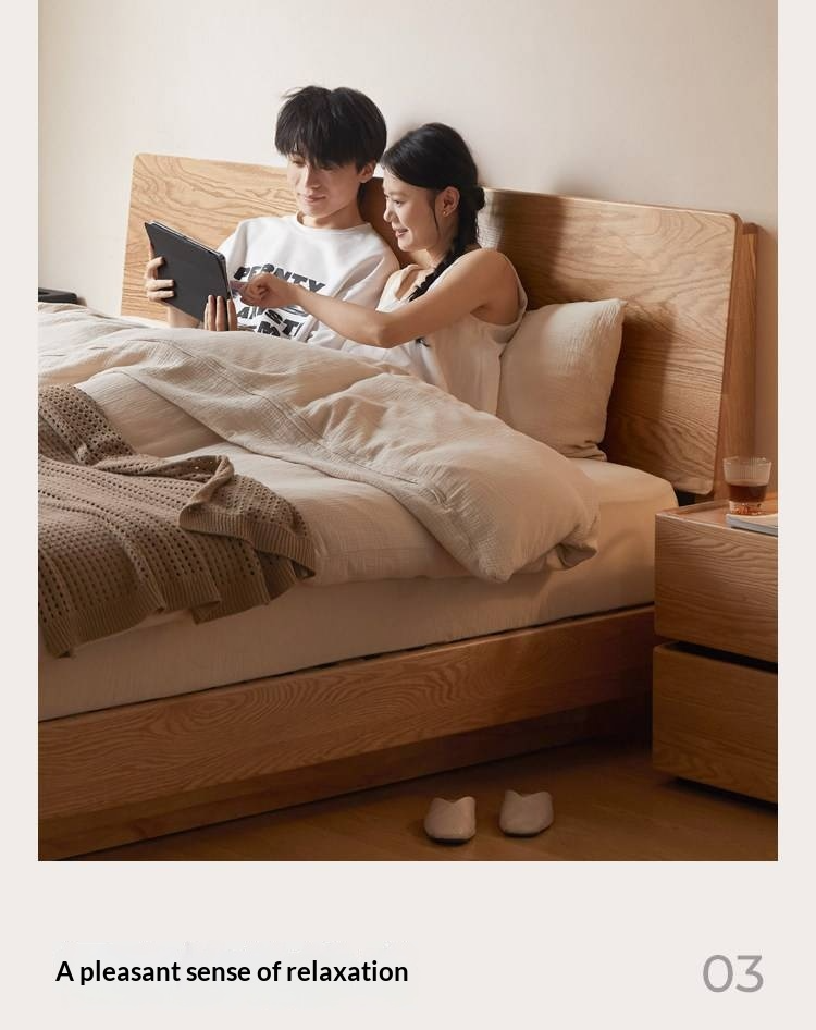 Oak Solid Wood Bed — Modern Minimalist Slab Box Design