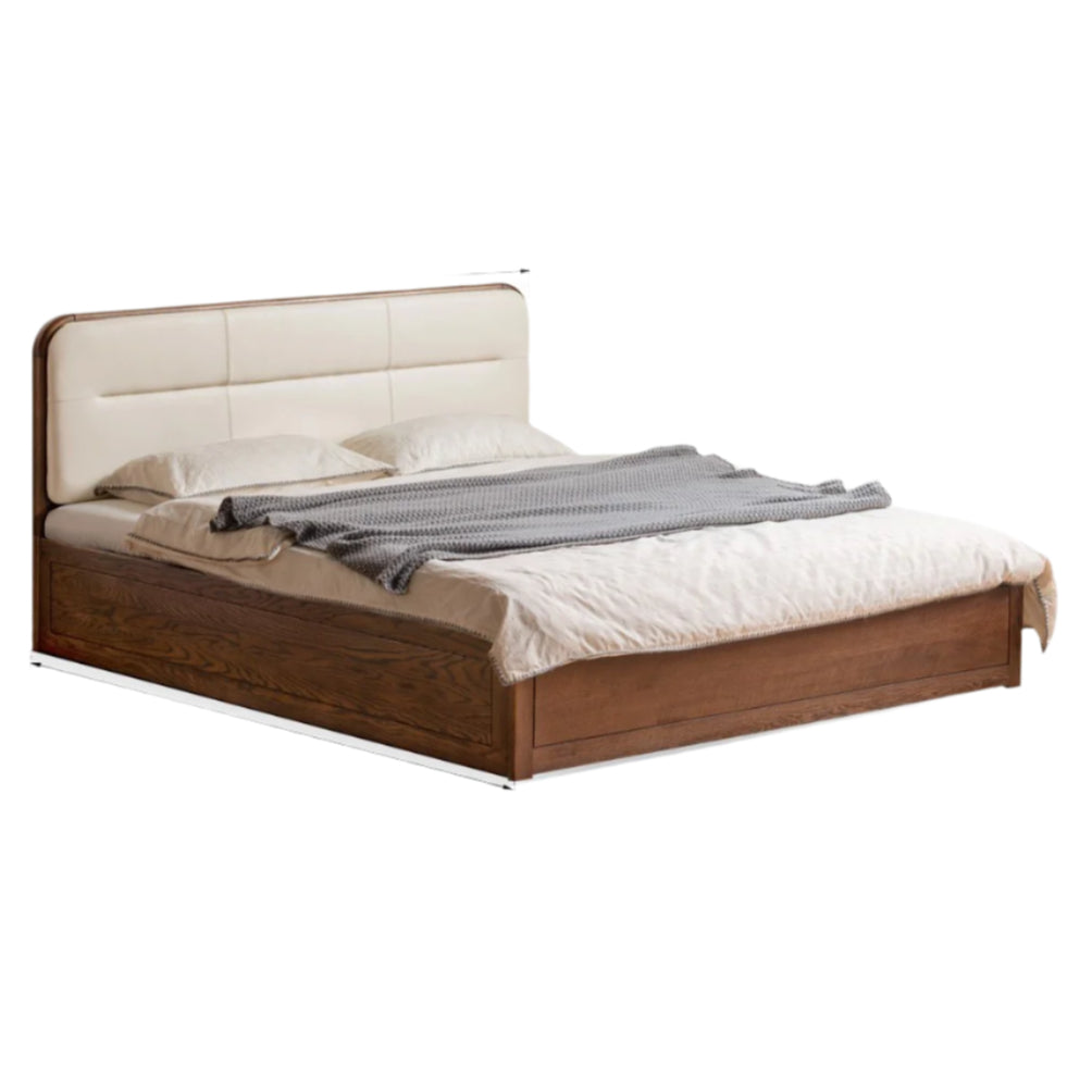 Oak Solid Wood Modern Genuine Leather, Organic Leather Storage Bed
