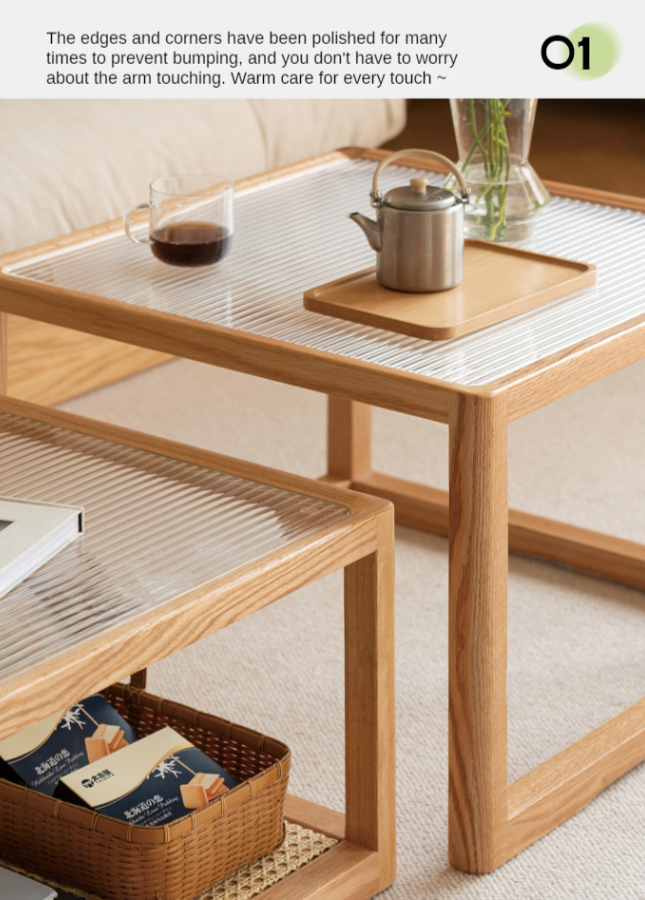 Oak, Beech Solid Wood, Glass Rattan Coffee Table
