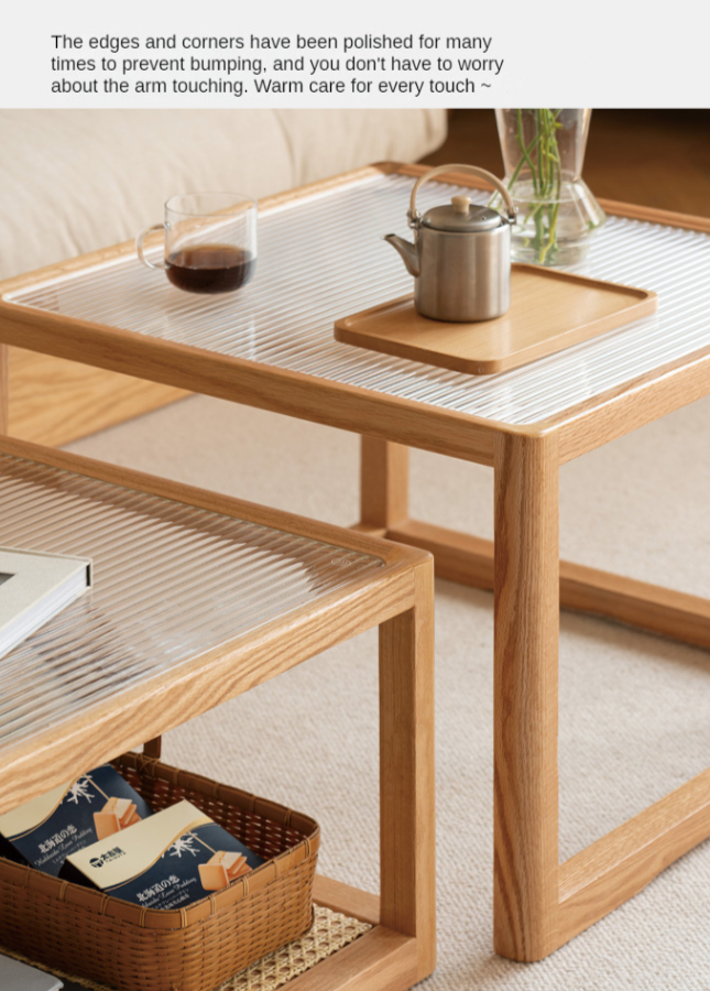 Oak, Beech Solid Wood, Glass Rattan Coffee Table