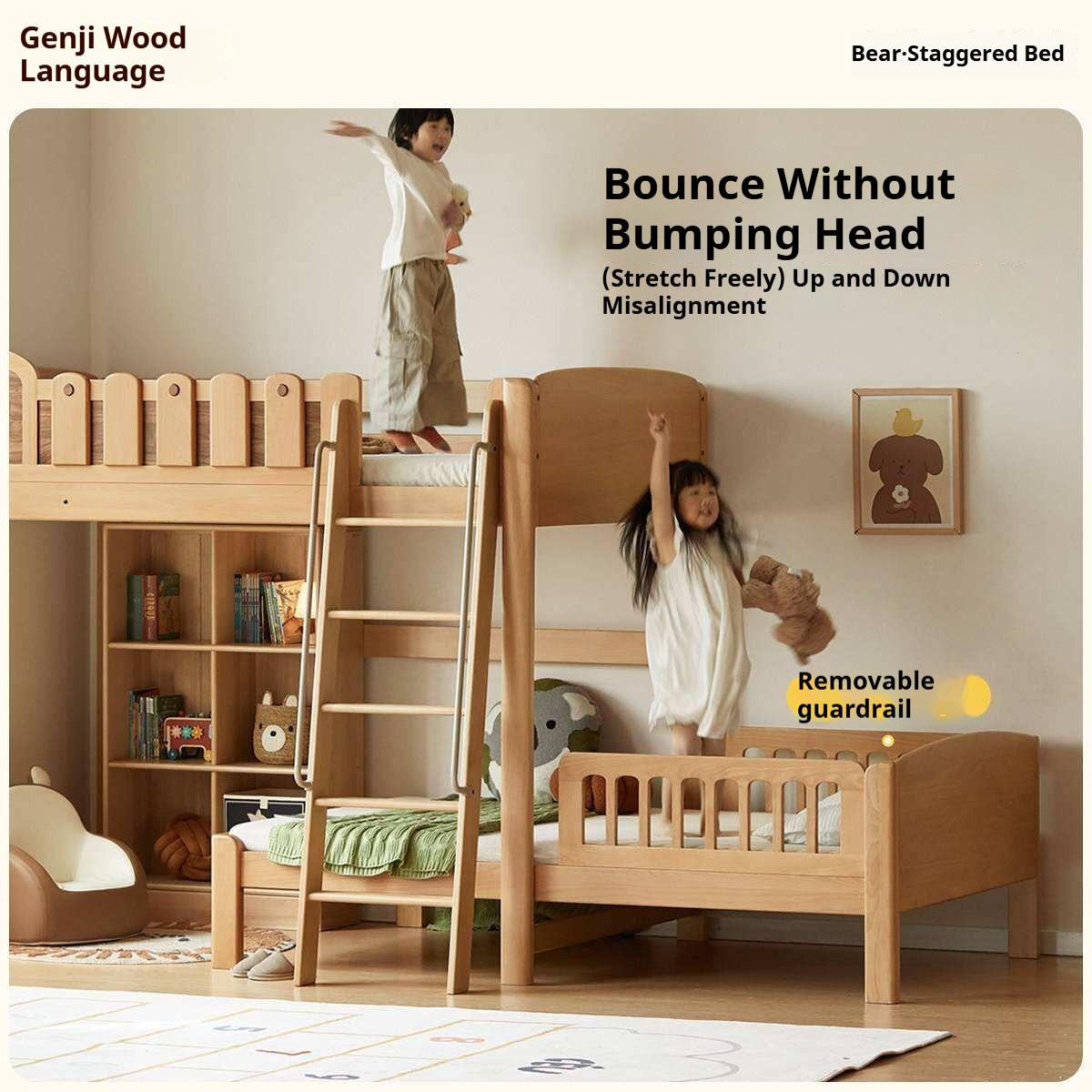 Beech Solid Wood L-Shaped Bunk Bed with Bookshelf Headboard and Detachable Guardrail
