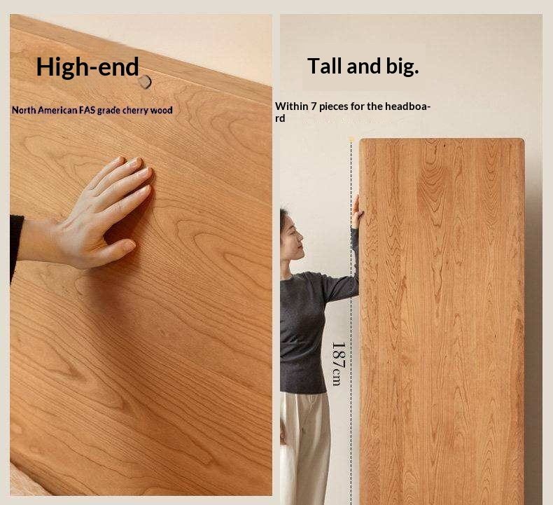 Cherry Solid Wood Bed Modern Minimalist Luminous Bed
