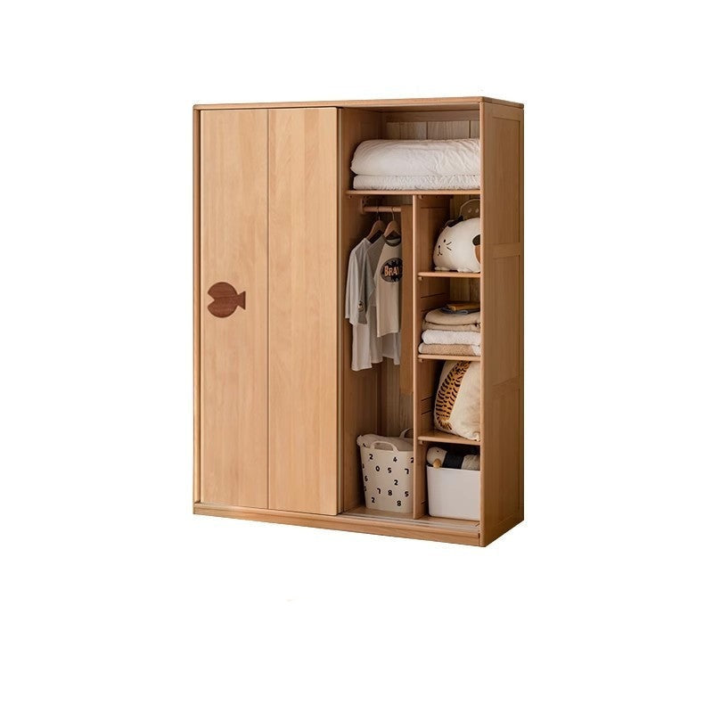 Oak Solid Wood Children's Sliding Door Wardrobe Storage Cabinet
