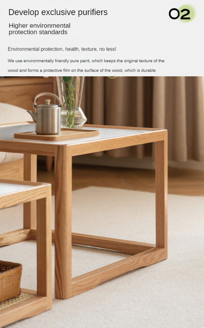 Oak, Beech Solid Wood, Glass Rattan Coffee Table
