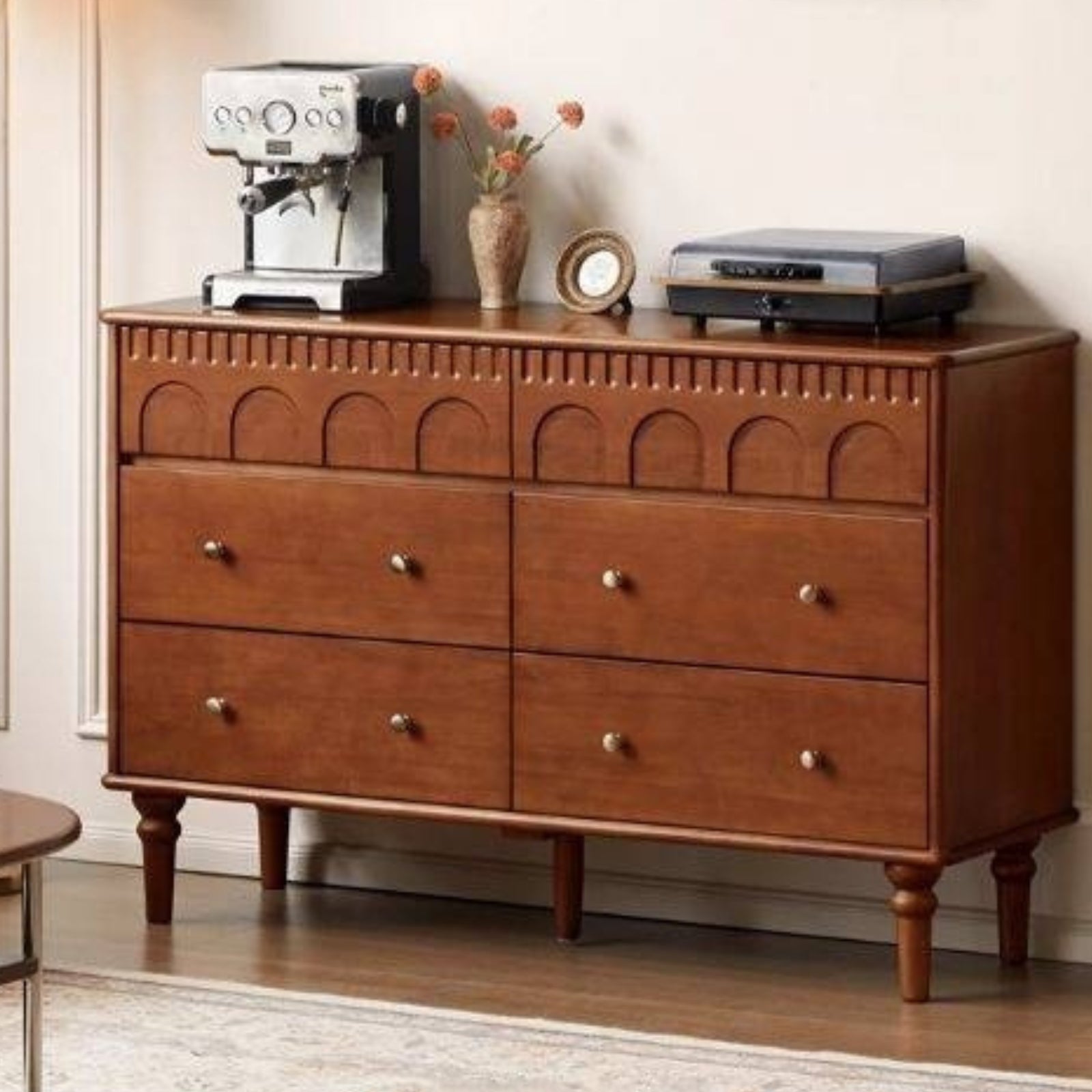 Poplar Solid Wood Medieval Style French Retro -Drawer Chest 48.5x15.7x31.8 inch / 123.2x40x80.7 cm / Antique Color / Chest of drawers