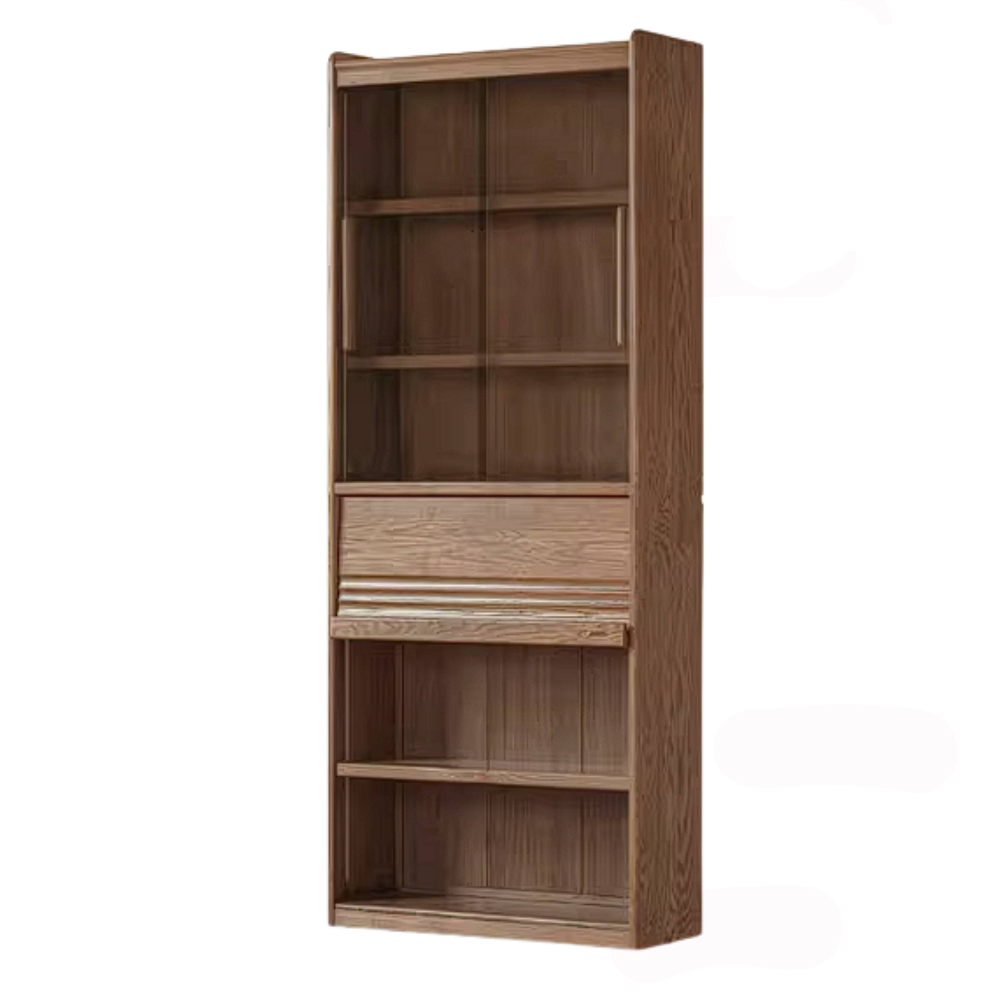 Ash Solid Wood Bookcase with Built In Bench Seat and Storage Drawer, Display Cabinet