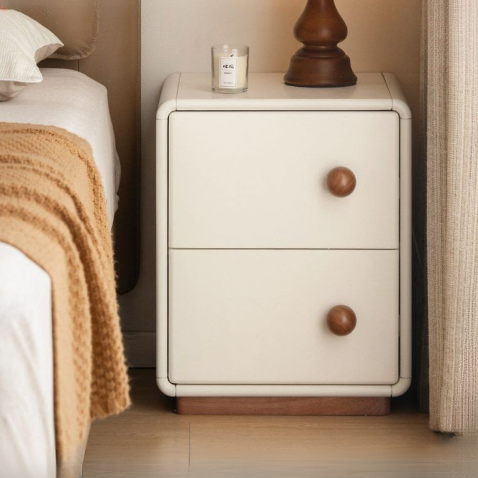 Solid Rubberwood Cream Style Narrow Nightstand