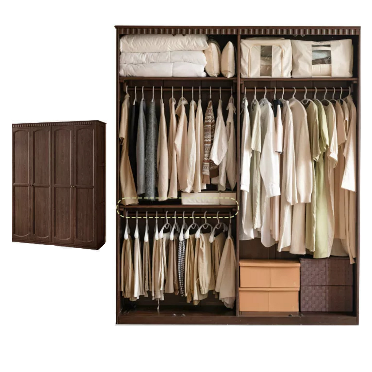 Ash Solid Wood Traditional 4-Door Armoire with Raised Panel Doors and Crown Molding