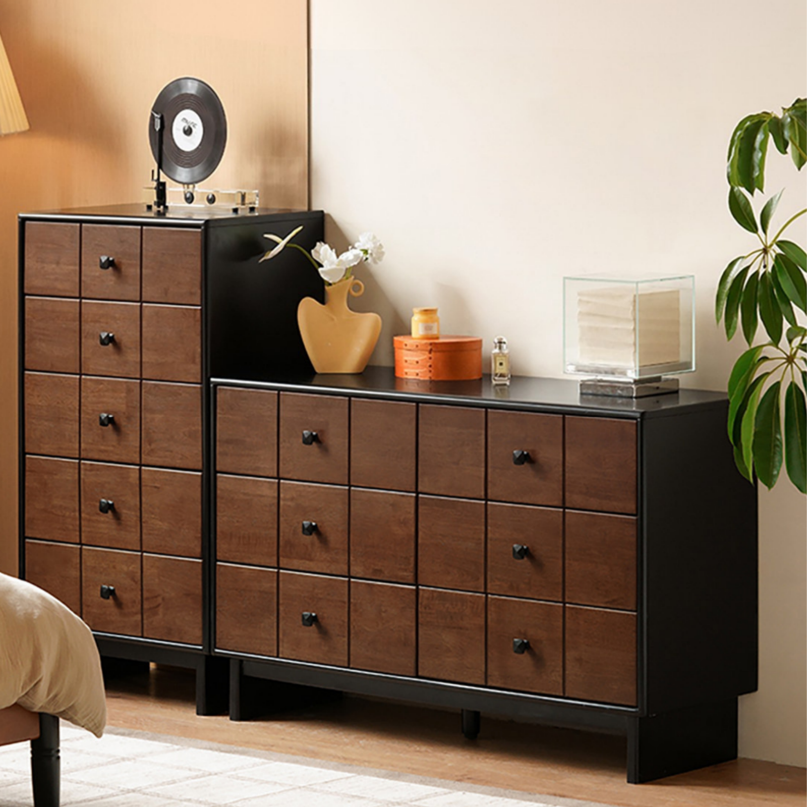 Solid RubberWood Chest of Drawers Grid Panel Dresser