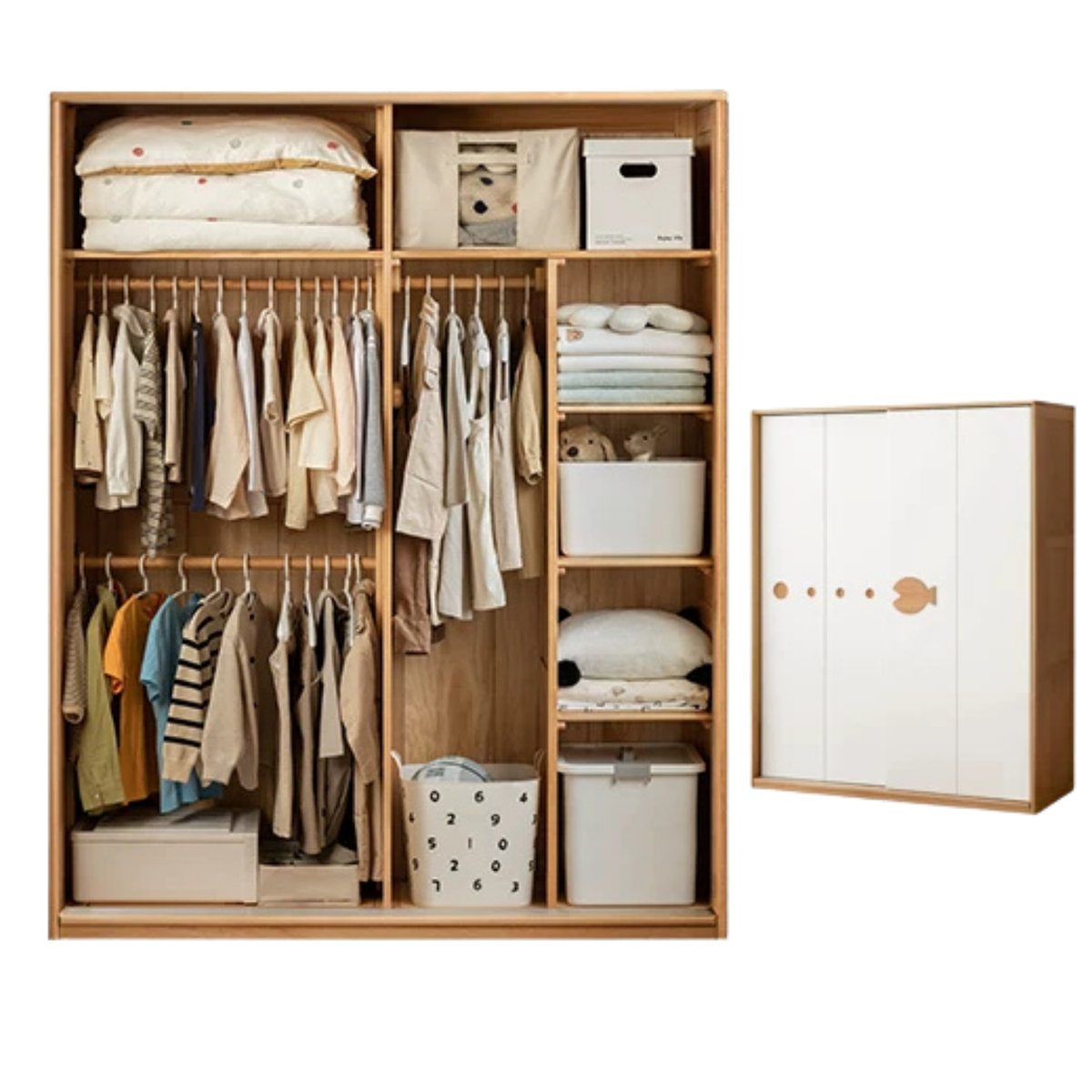 Beech Solid Wood Kids Sliding Door Wardrobe with Adjustable Shelves
