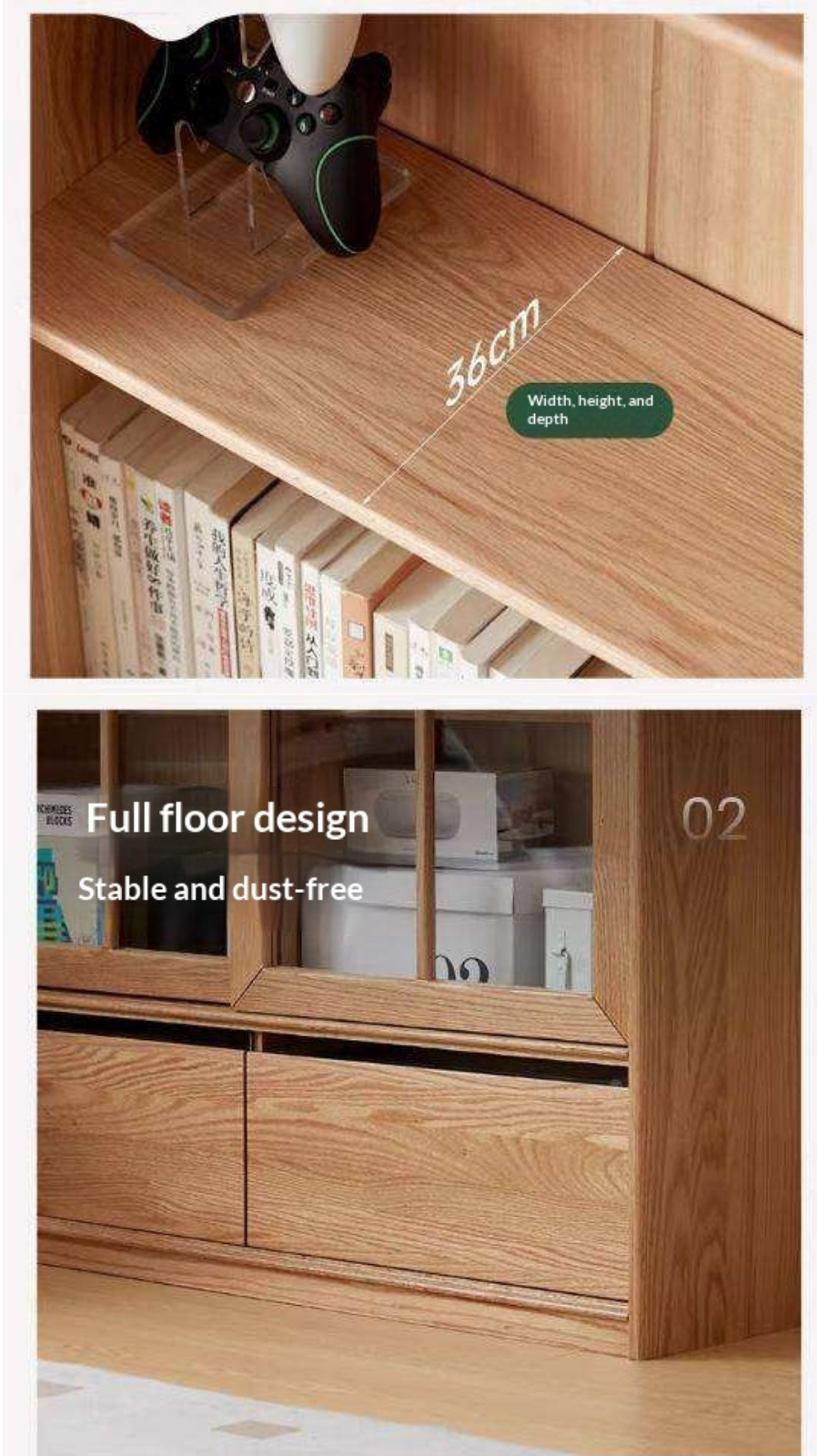 Ash Solid Wood Bookcase with Sliding Doors and Floor-to-Wall Glass Display Cabinet