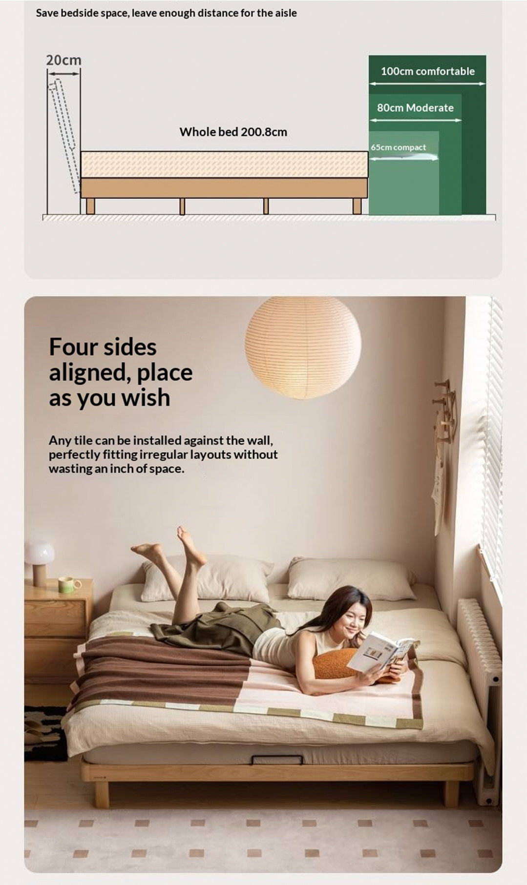 Beech, Rubberwood Solid Wood Platform Bed, Headboard-Free Bed with Flat Edge