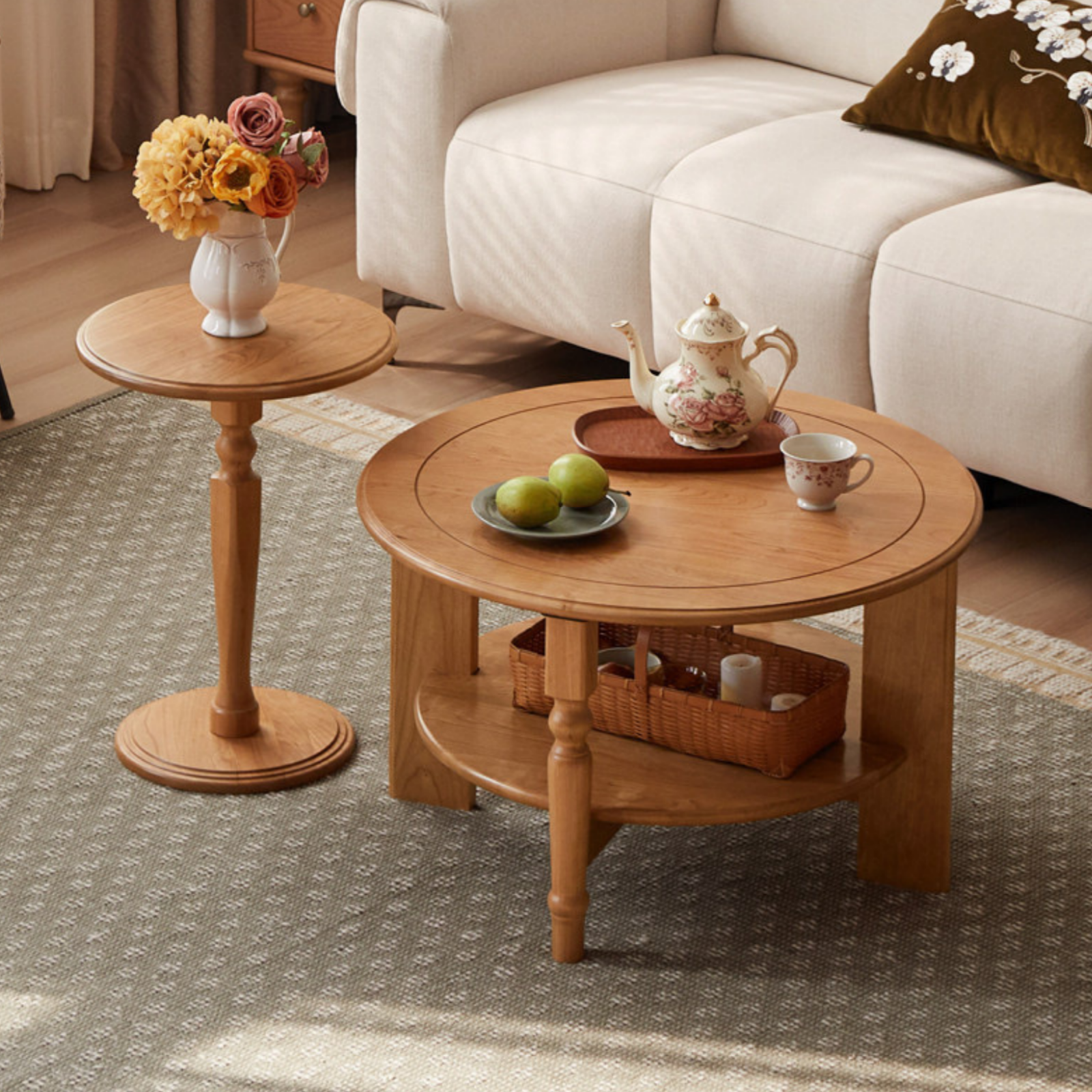 Cherry Solid Wood Coffee Table with French Retro Design