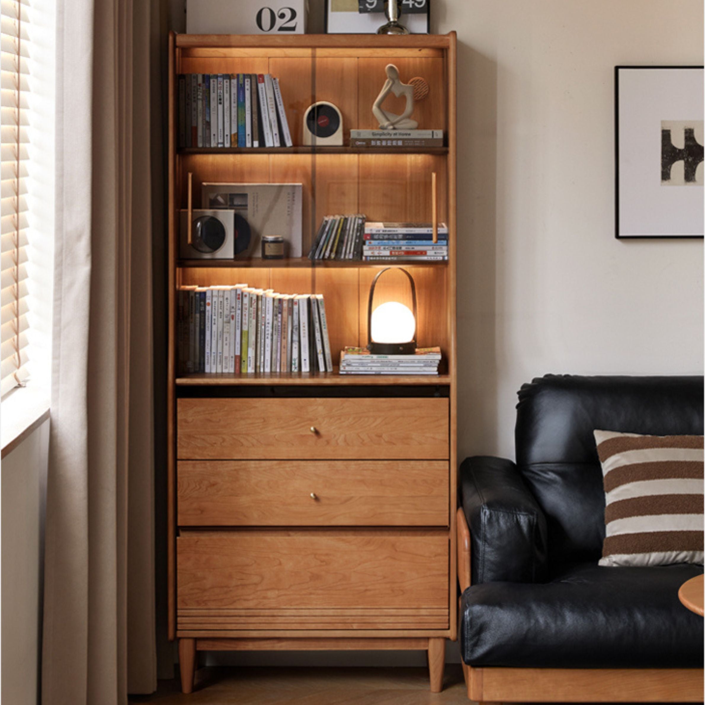 Cherry Solid Wood Glass Bookcase.