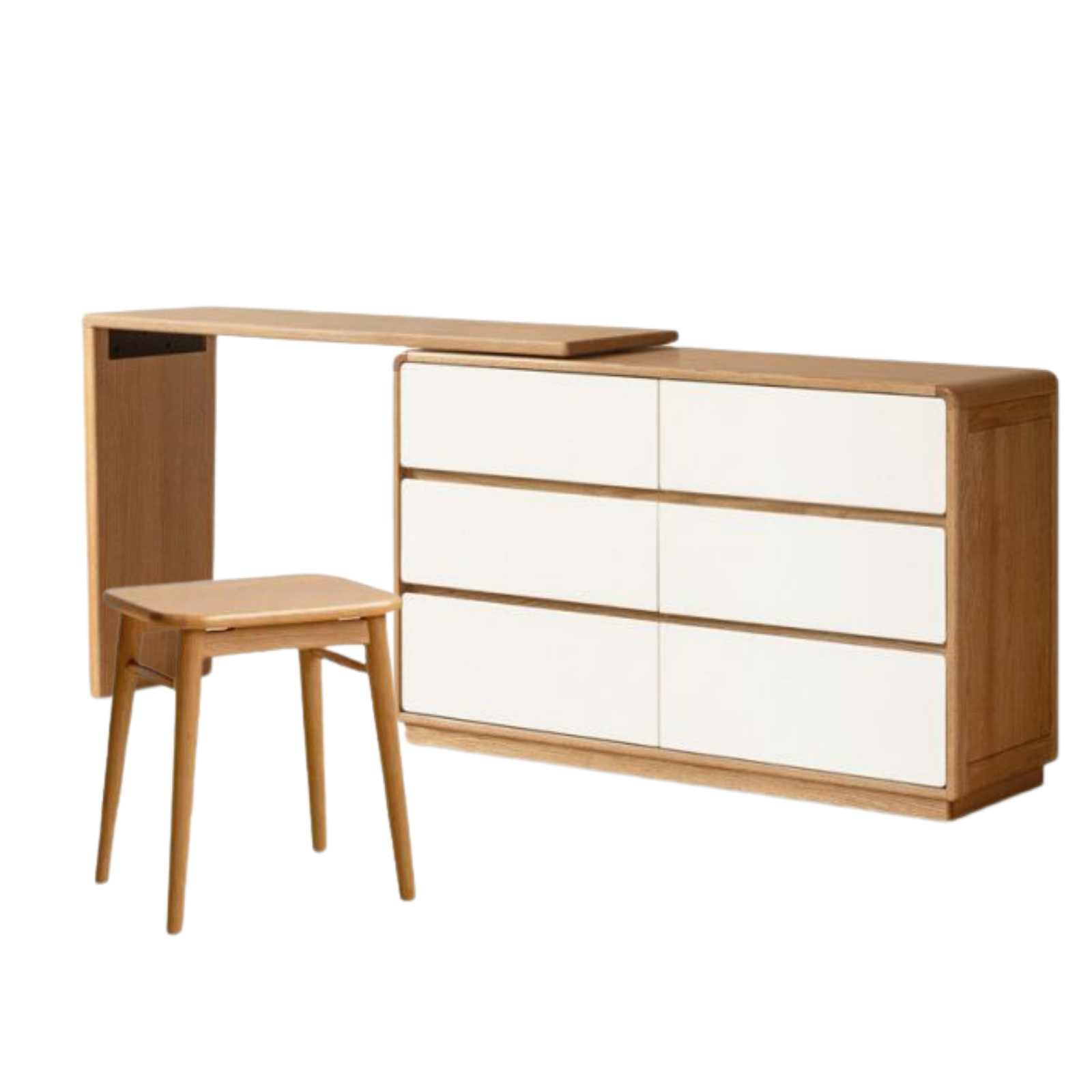 Oak Solid Wood Vanity Table & Storage Cabinet Set Cream Style