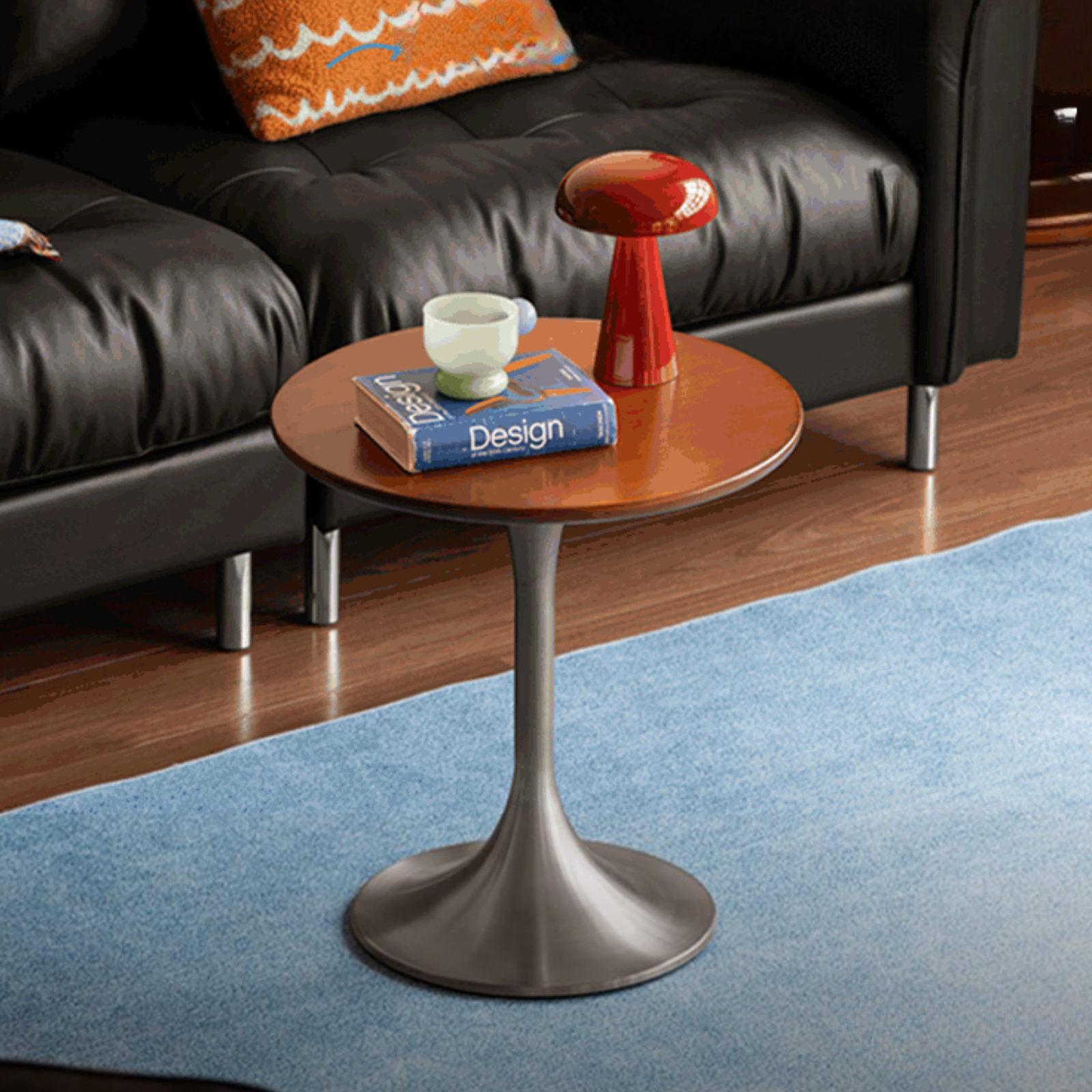 Poplar, Ash Solid Wood Side Table with Round Shape and Wrought Iron Frame