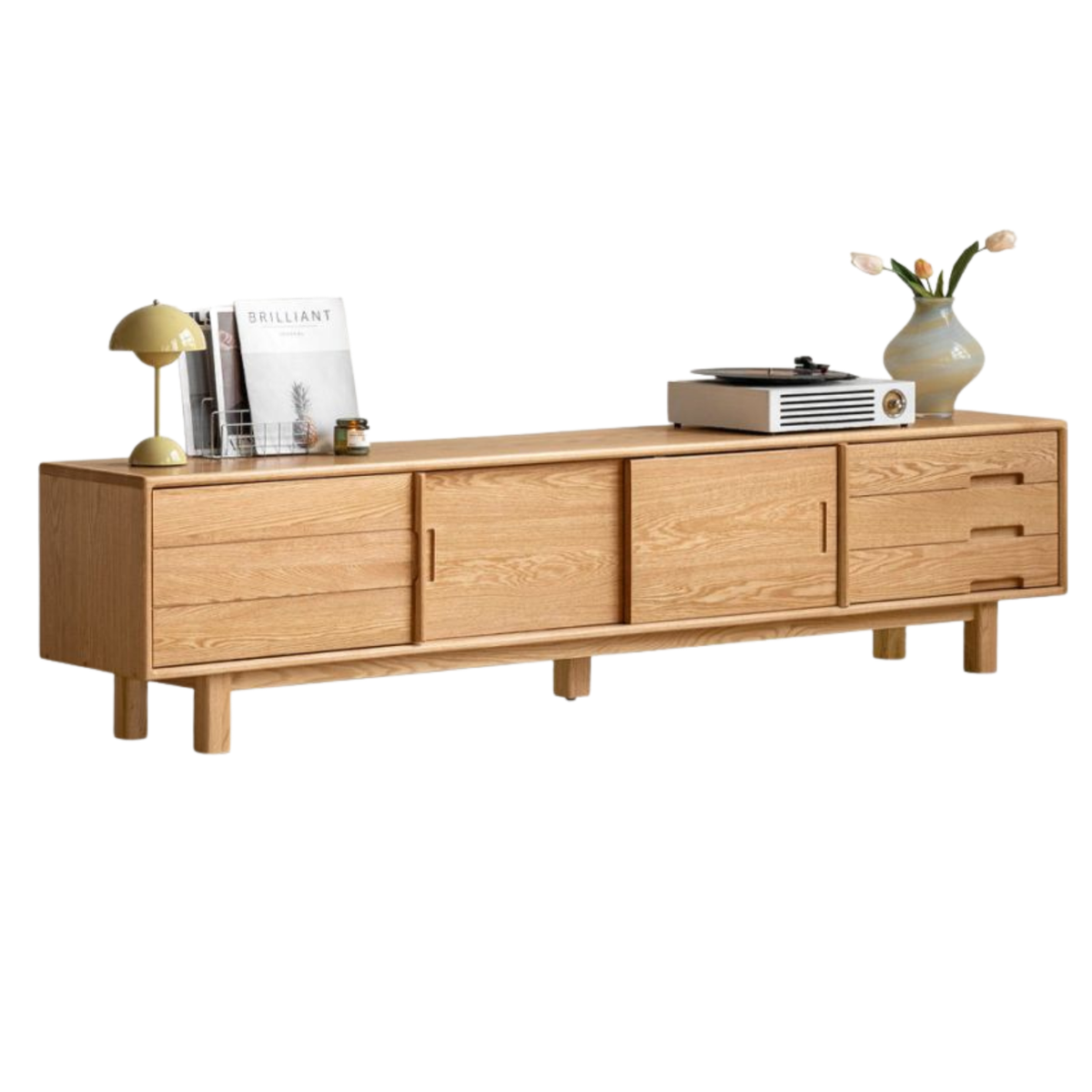 Oak Solid Wood TV Console with Ribbed Sliding Doors and Open Shelving