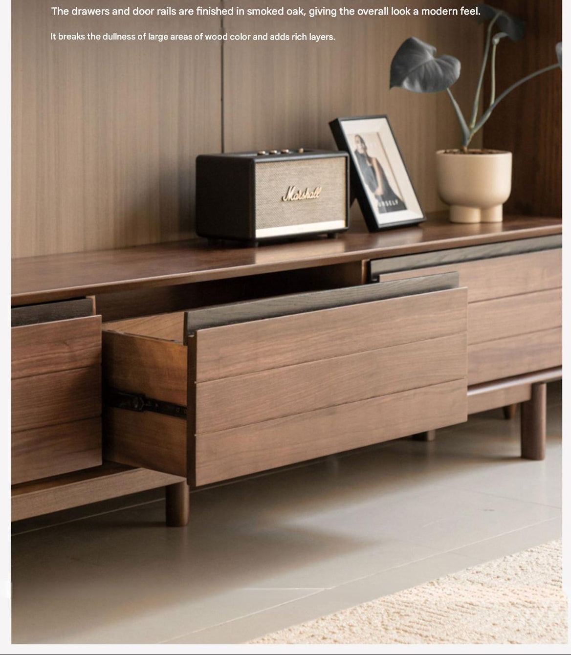 Black Walnut, Oak Solid Wood Floor Modern TV Cabinet.