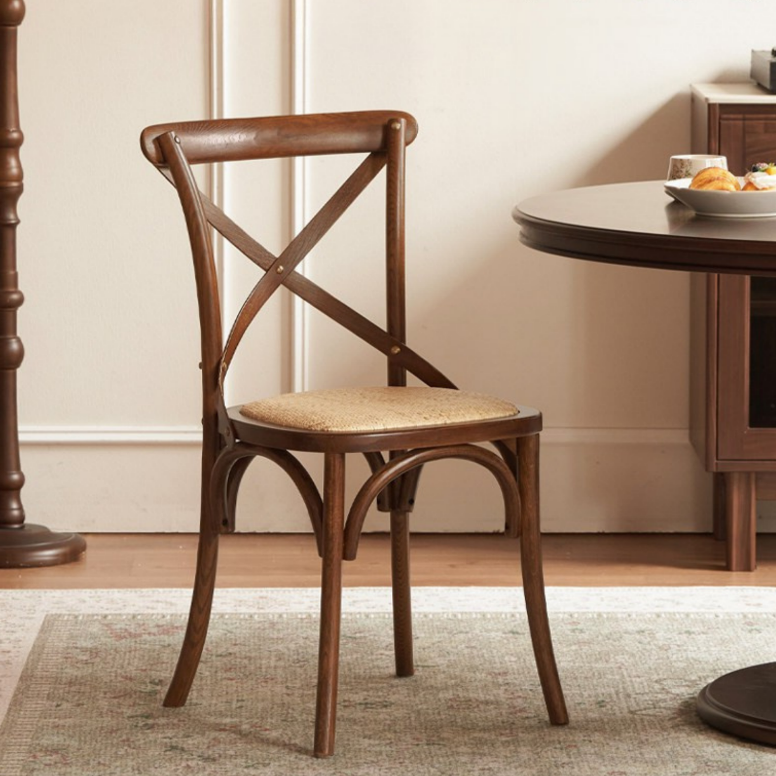 4 pcs -White Oak Solid Wood French Country Cross Back Dining Chair with Rattan Seat