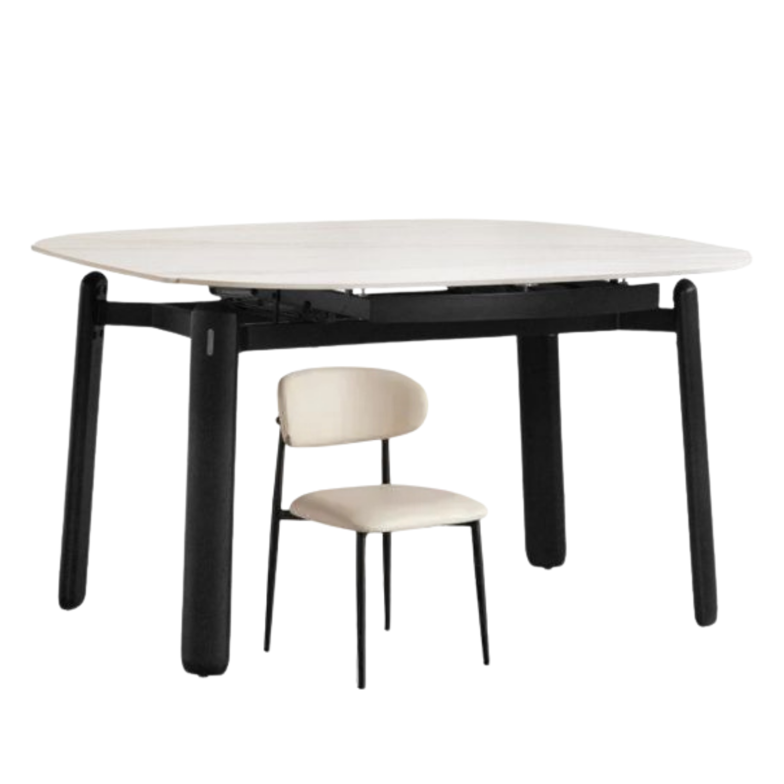 Solid RubberWood Extendable Dining Table with Marble-Look Stone Top and Rounded Corners